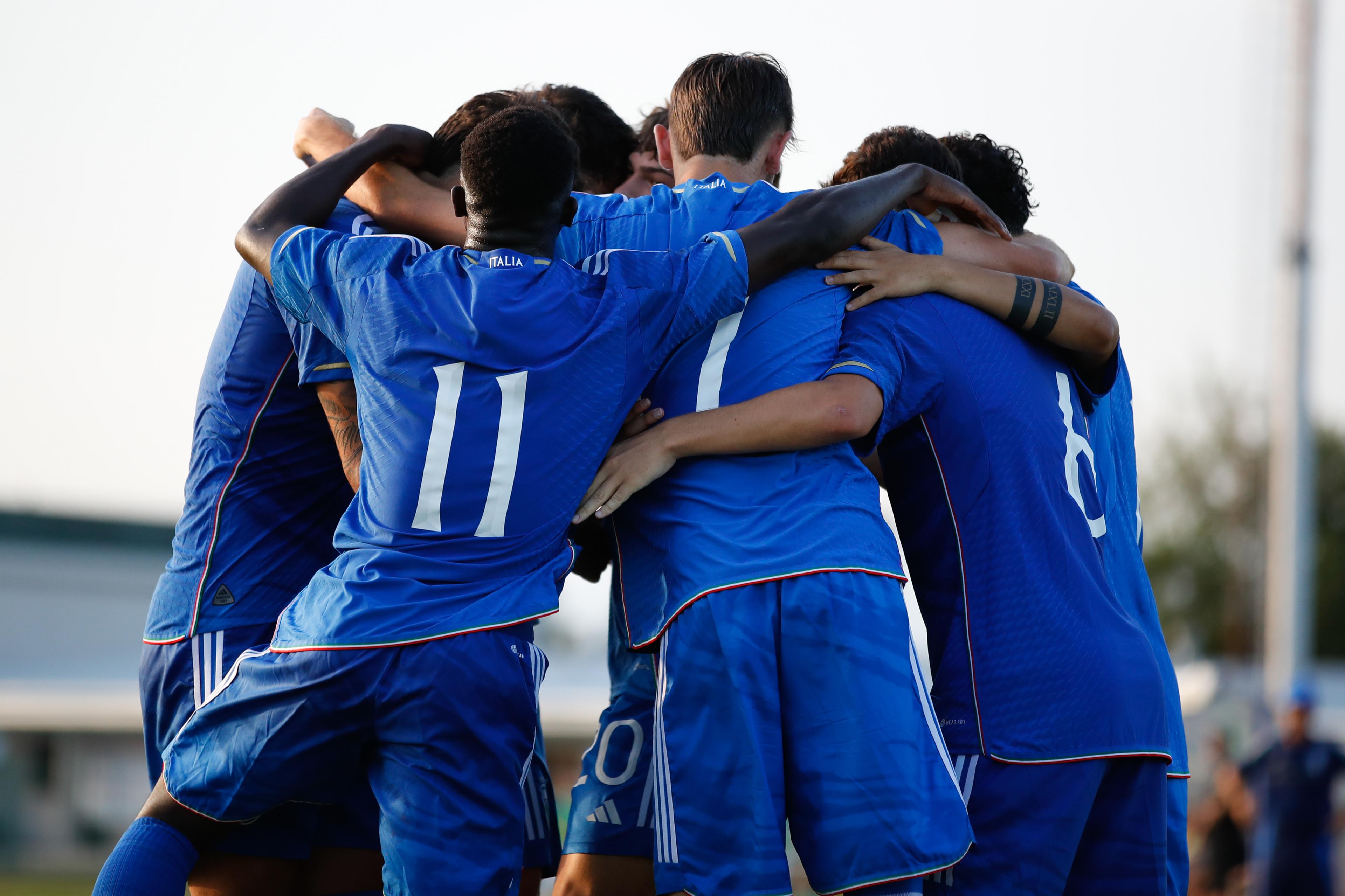 MANZANO, ITALY - AUGUST 06: Mattia Mosconi of Italy celebrates scoring a goal with teammates during the International Friendly match between Italy U19 and Slovenia U19 at Stadio Comunale Giuseppe Morigi on August 06, 2024 in Manzano, Italy. (Photo by Timothy Rogers/Getty Images)