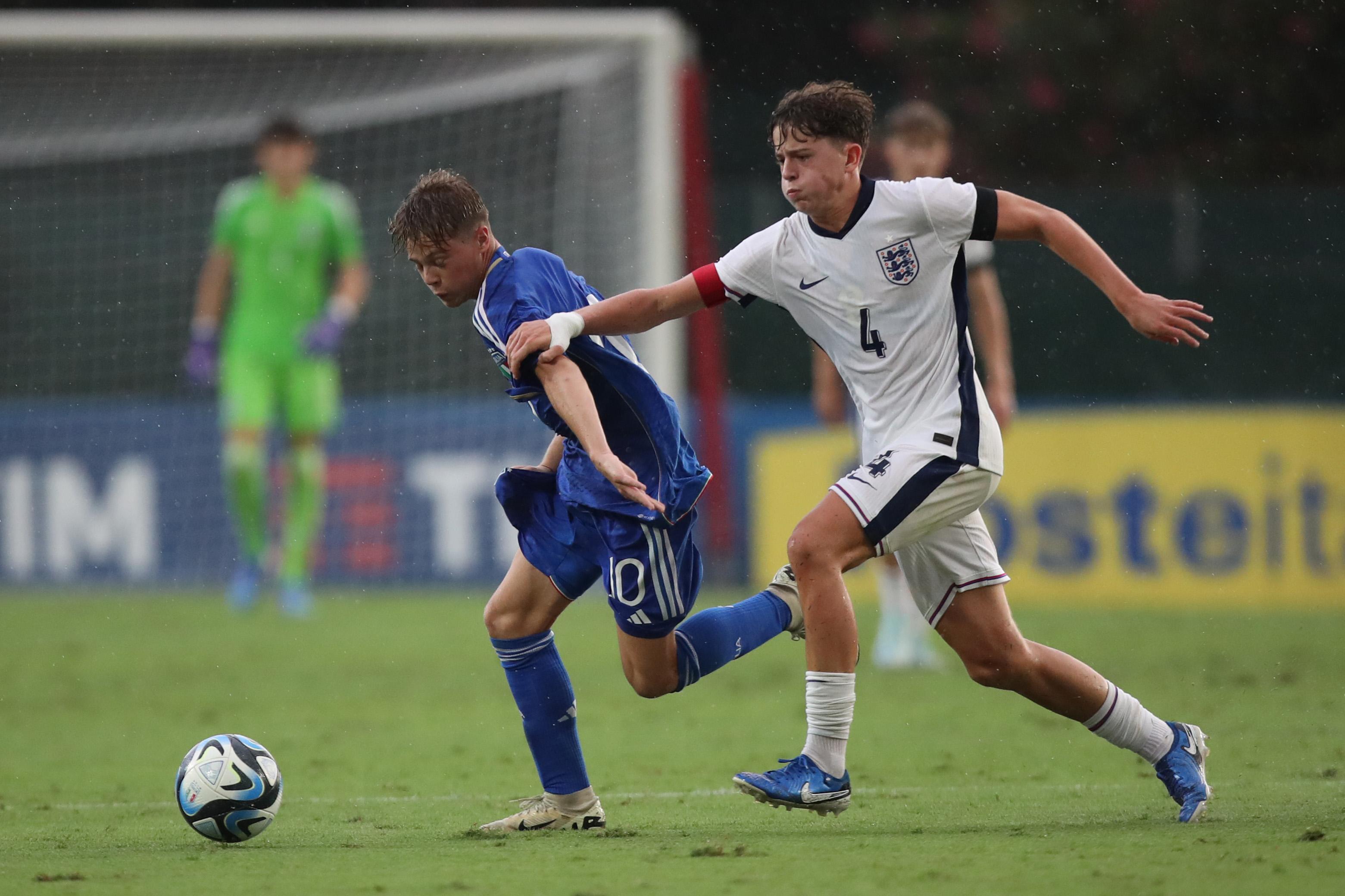 ROME, ITALY - AUGUST 27:  Giovanni Bruno of Italy U16 in action against Charlie Holland of England U16 during the Friendly Match between Italy U16 and England U16 on August 27, 2024 in Rome, Italy. (Photo by Paolo Bruno/Getty Images)