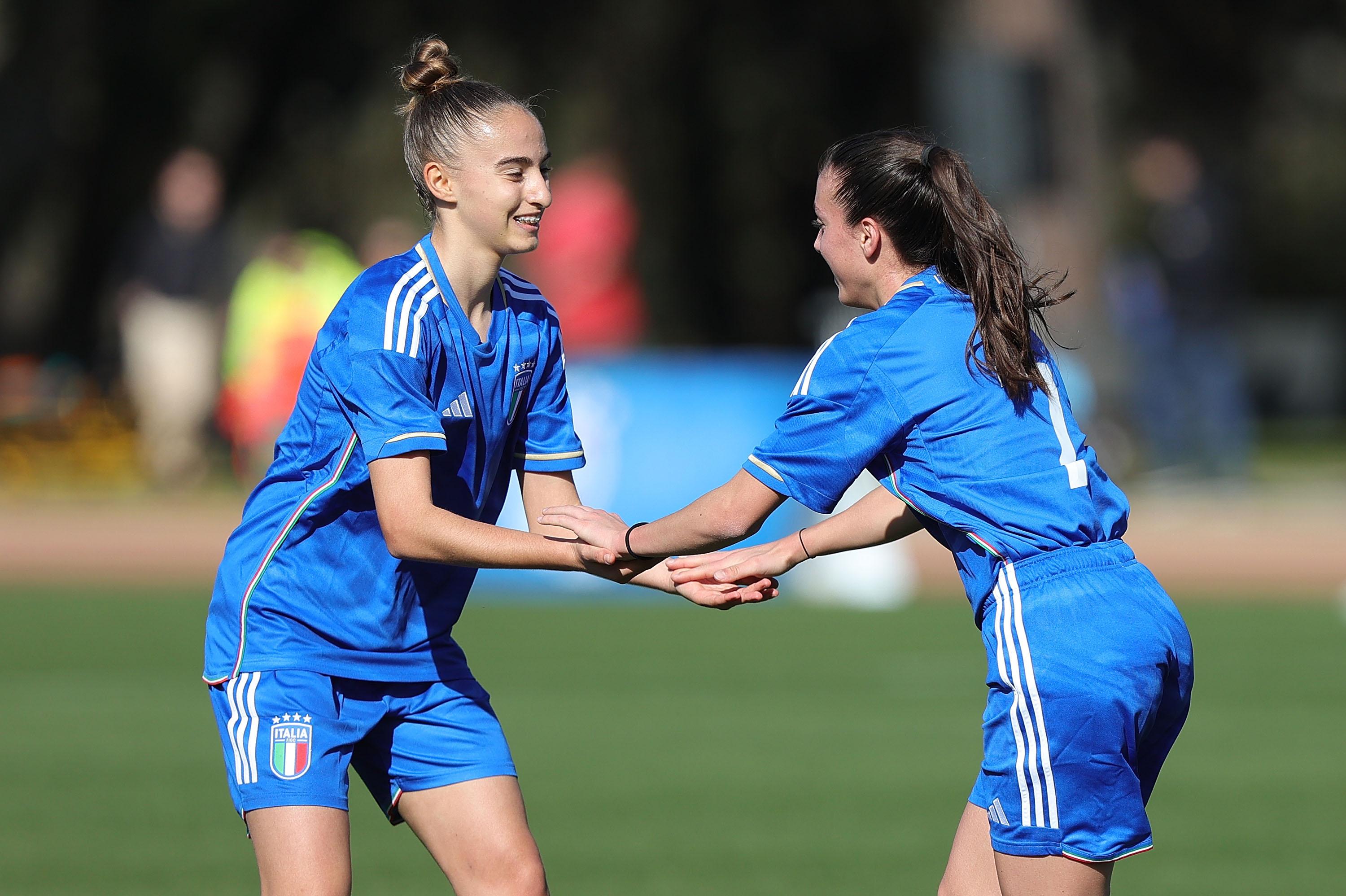 TIRRENIA, ITALY - MARCH 7: Bendetta Rivieri of Italy U15 Women celebrates after scoring a goal with Viola Cacace of Italy U15 Women during the International friendly match between Italy U15 Women v San Marino U15 Women on March 7, 2024 in Tirrenia, Italy. (Photo by Gabriele Maltinti/Getty Images) *** Local Caption *** Bendetta Rivieri; Viola Cacace