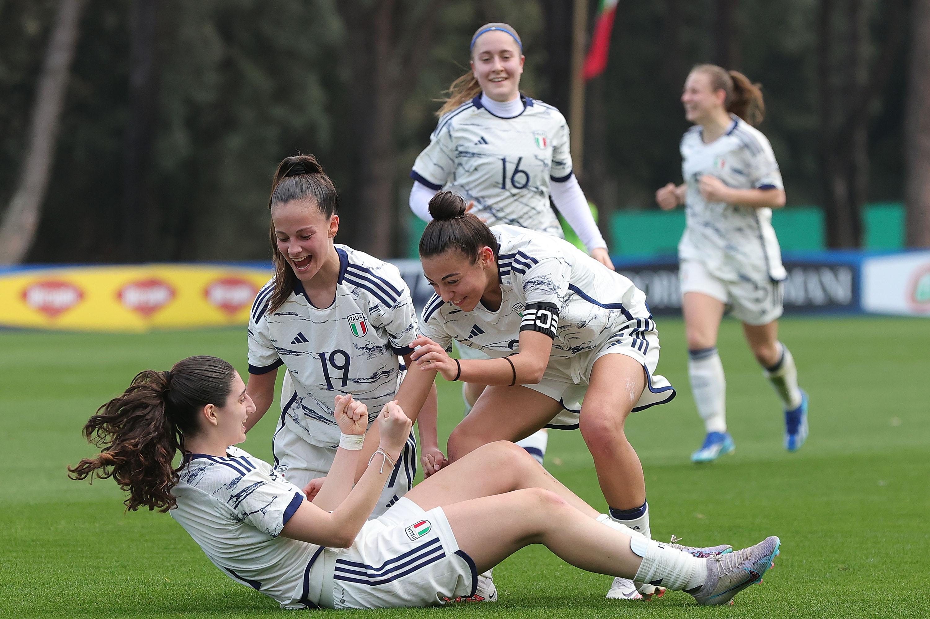 TIRRENIA, ITALY - FEBRUARY 29: Angelica Montaperto of Italy Women U16 celebrates after scoring a goal during the Women U16 International Friendly match beteween Italy and France at Centro di Preparazione Olimpica di Tirrenia on February 29, 2024 in Tirrenia, Italy. (Photo by Gabriele Maltinti/Getty Images) *** Local Caption *** Angelica Montaperto