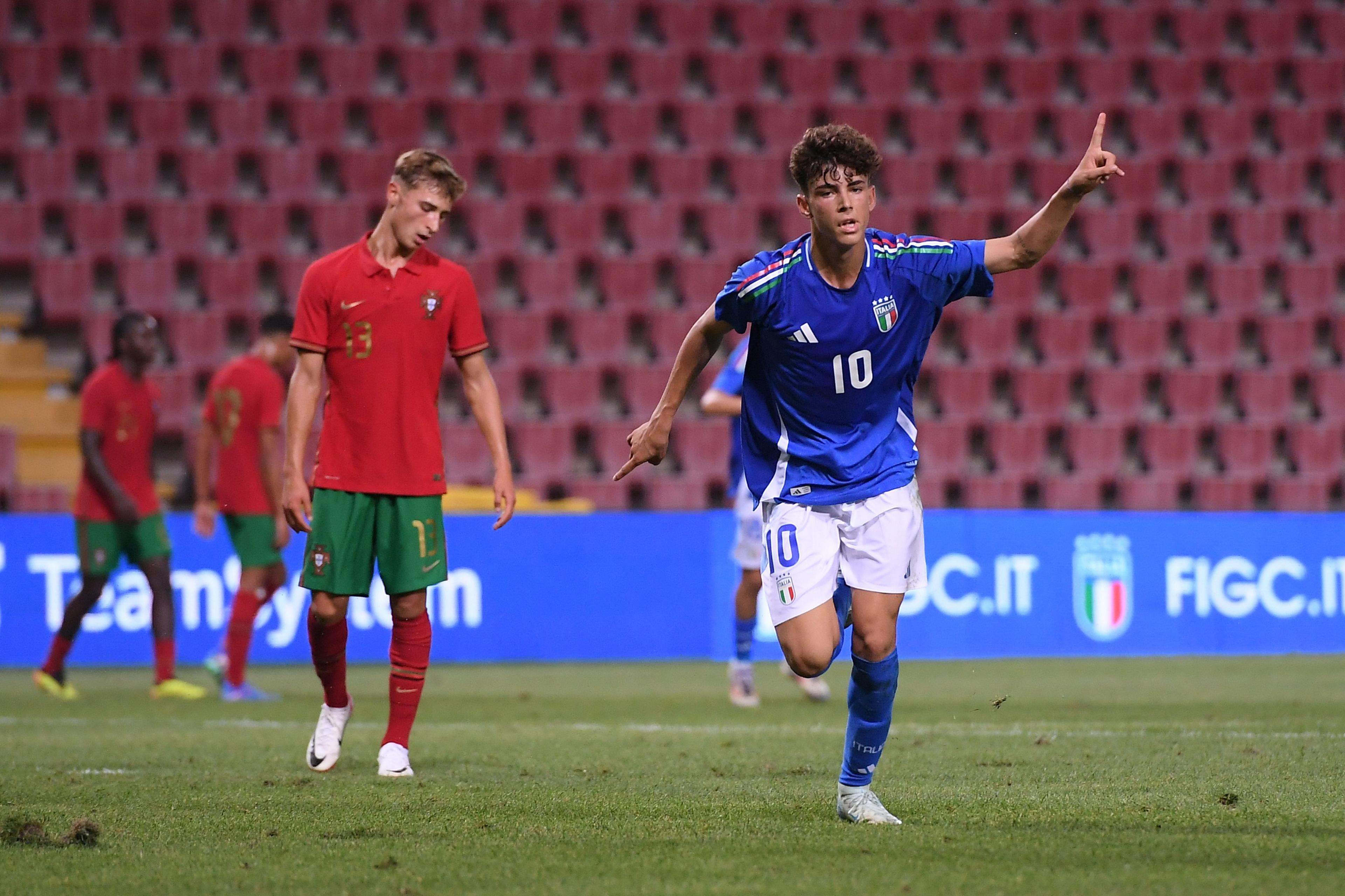 TRIESTE, ITALY - SEPTEMBER 03: Samuele Inacio of Italy U17  celebrates after scoring the opening goal during the International Friendly match between Italy U17 and Portugal U17 at Stadio Nereo Rocco on September 03, 2024 in Trieste, Italy.  (Photo by Alessandro Sabattini/Getty Images)