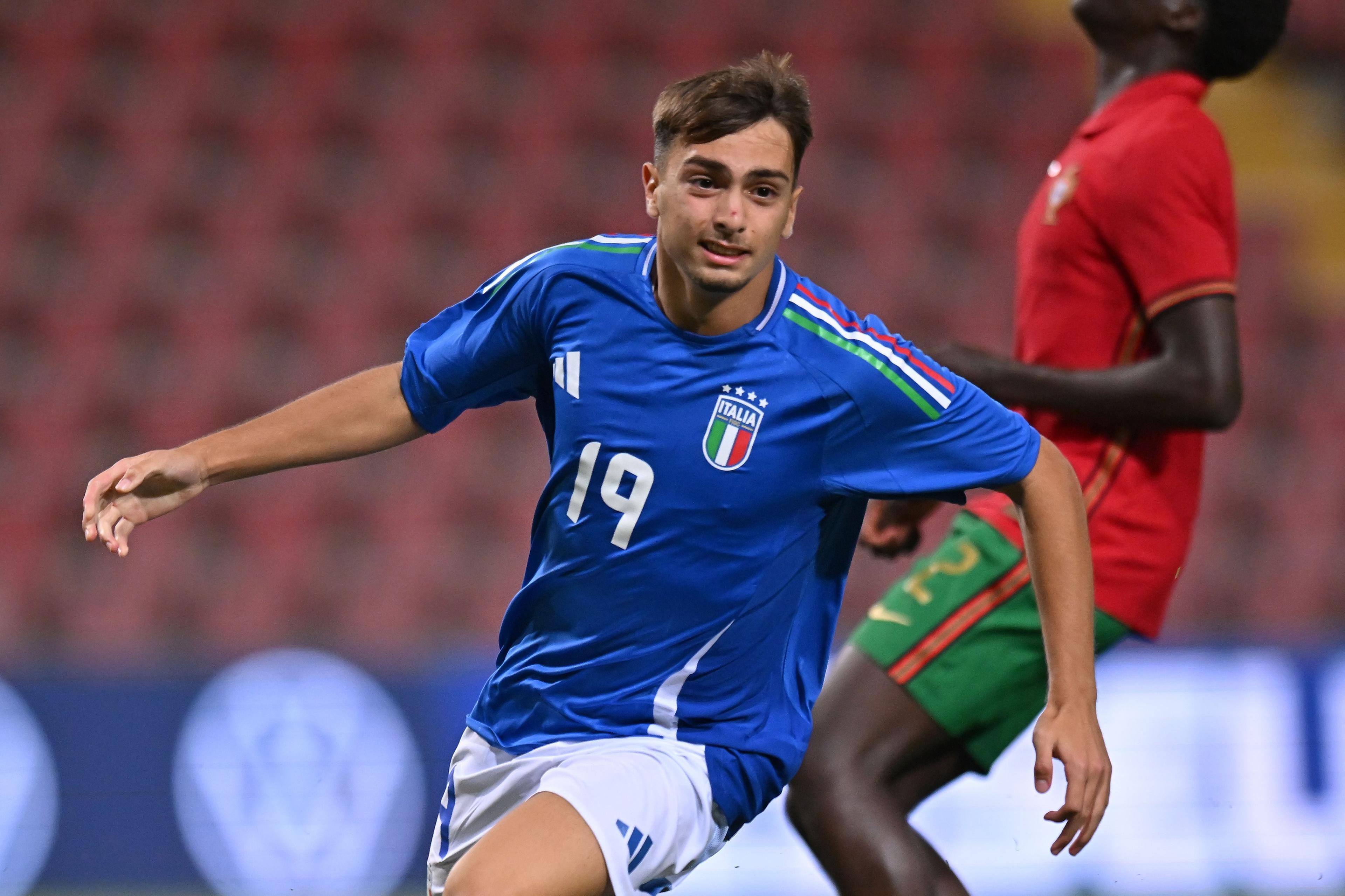 TRIESTE, ITALY - SEPTEMBER 03: Danilo Busiello of Italy U17 celebrates after scoring his team second goal during the International Friendly match between Italy U17 and Portugal U17 at Stadio Nereo Rocco on September 03, 2024 in Trieste, Italy. (Photo by Alessandro Sabattini/Getty Images)