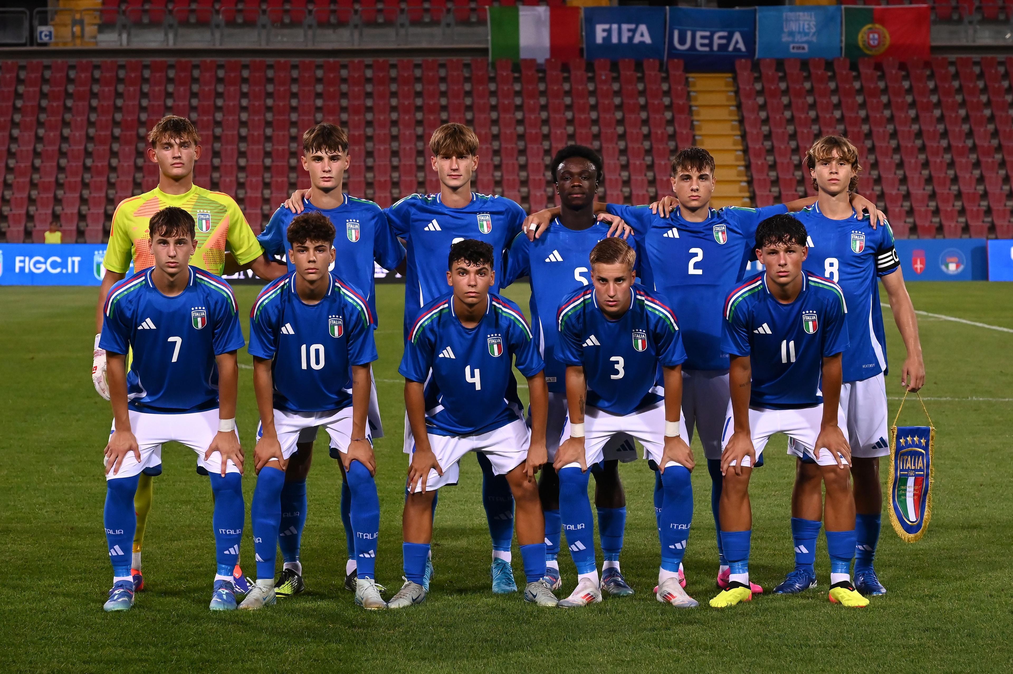 TRIESTE, ITALY - SEPTEMBER 03: Italian players line up during the International Friendly match between Italy U17 and Portugal U17 at Stadio Nereo Rocco on September 03, 2024 in Trieste, Italy. (Photo by Alessandro Sabattini/Getty Images)