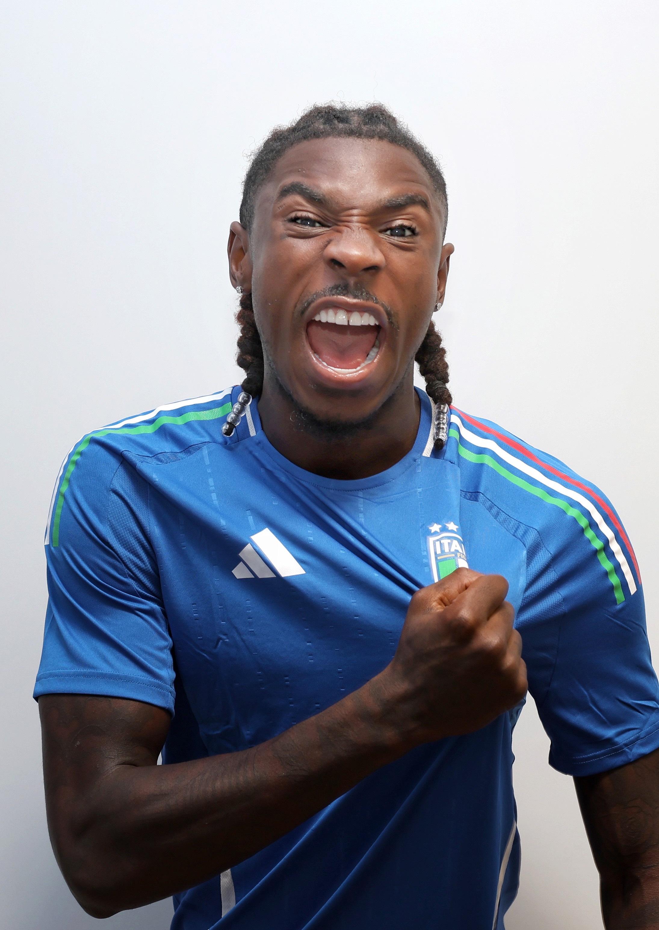 FLORENCE, ITALY - SEPTEMBER 02: Moise Kean of Italy poses for a portrait prior to the Italy training session at Centro Tecnico Federale di Coverciano on September 02, 2024 in Florence, Italy. (Photo by Claudio Villa/Getty Images)