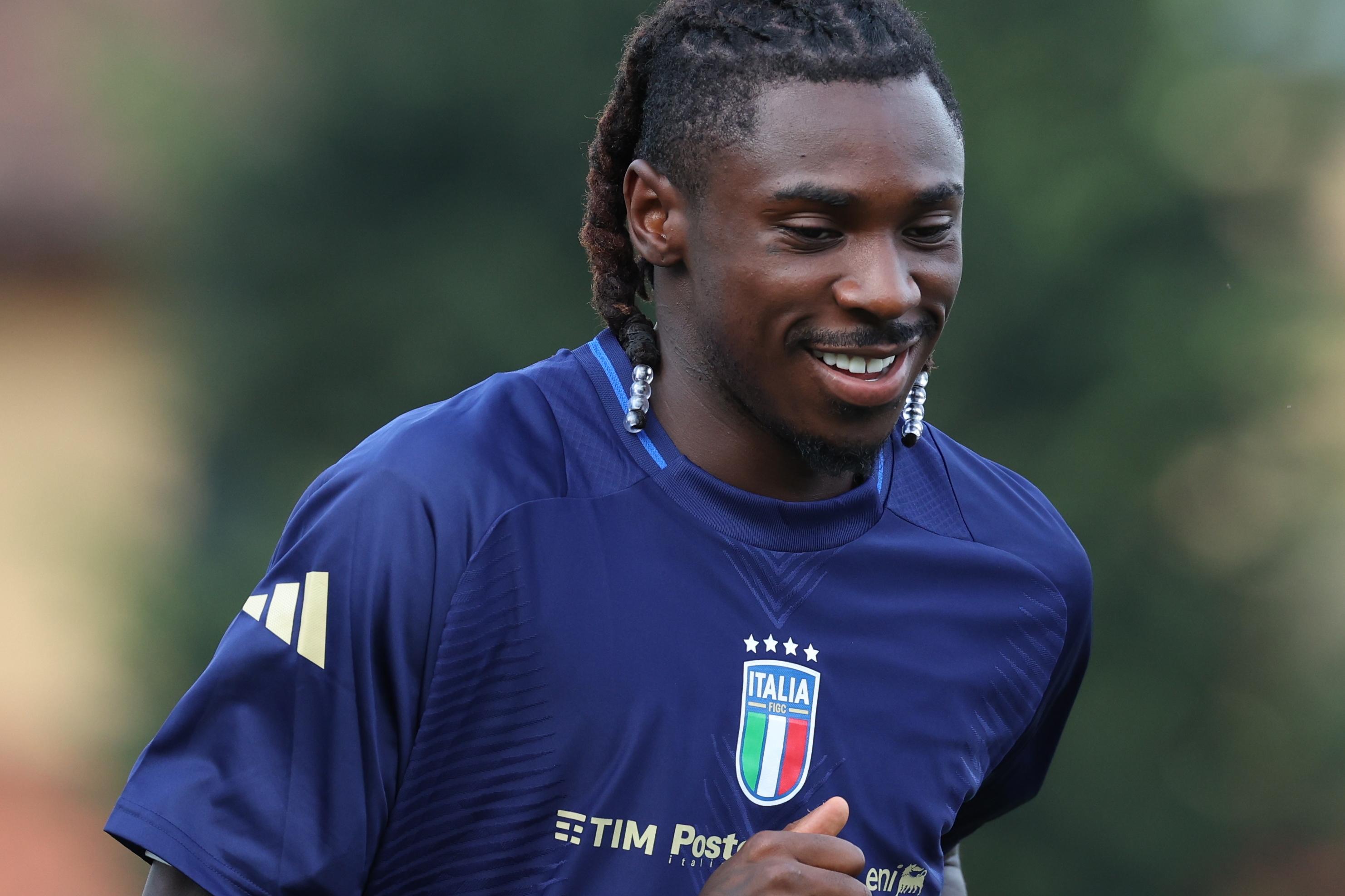 FLORENCE, ITALY - SEPTEMBER 02:  Moise Kean of Italy in action during a Italy training session at Centro Tecnico Federale di Coverciano on September 02, 2024 in Florence, Italy. (Photo by Claudio Villa/Getty Images)