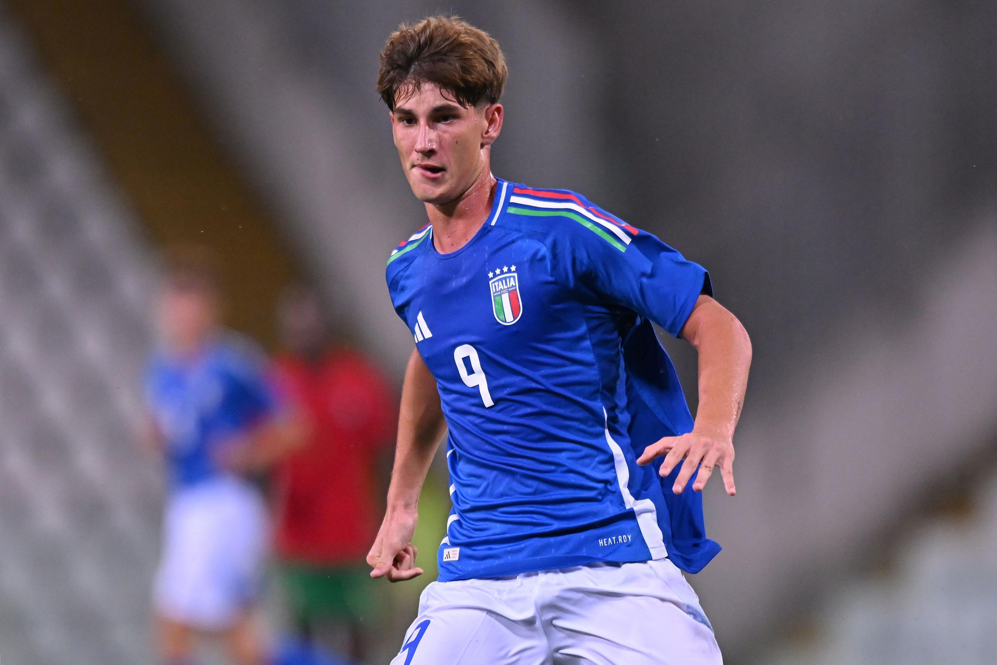 TRIESTE, ITALY - SEPTEMBER 03:  Thomas Campaniello of Italy U17 looks on during the International Friendly match between Italy U17 and Portugal U17 at Stadio Nereo Rocco on September 03, 2024 in Trieste, Italy.  (Photo by Alessandro Sabattini/Getty Images)