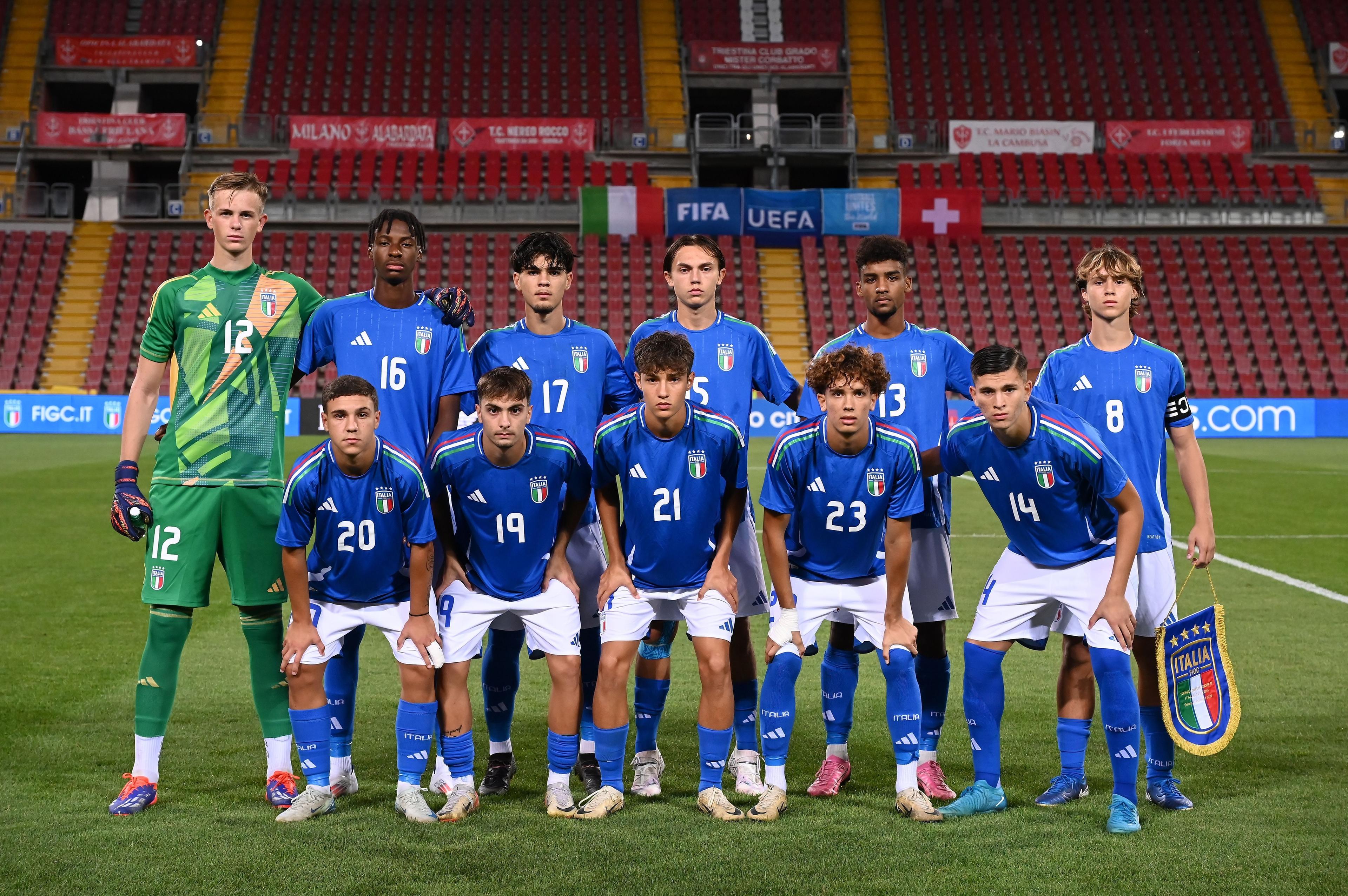 TRIESTE, ITALY - SEPTEMBER 06: Italian team line up during the International Friendly match between Italy U17 and Switzerland U17 at Stadio Nereo Rocco on September 06, 2024 in Trieste, Italy. (Photo by Alessandro Sabattini/Getty Images)