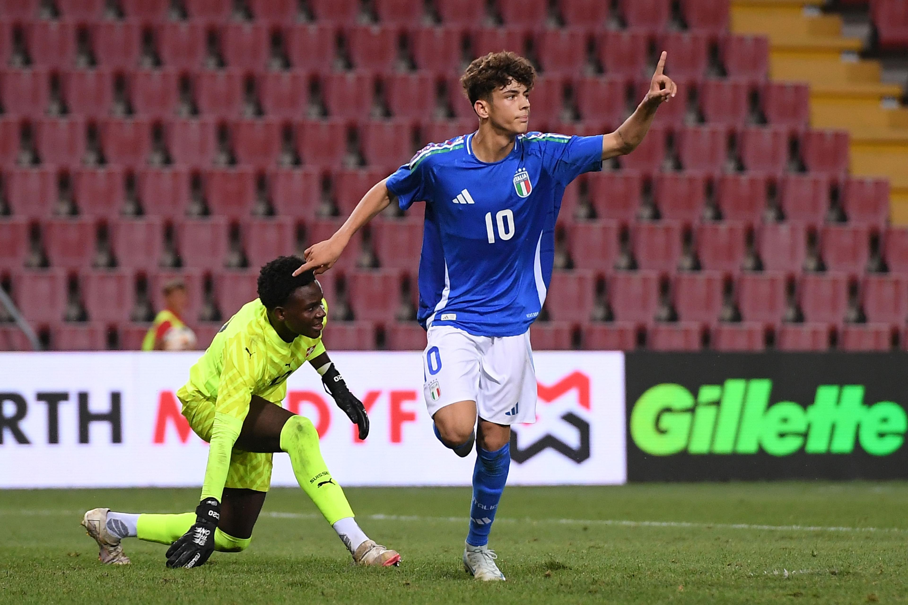 TRIESTE, ITALY - SEPTEMBER 06: Samuele Inacio of Italy U17 celebrates after scoring his team second goal during the International Friendly match between Italy U17 and Switzerland U17 at Stadio Nereo Rocco on September 06, 2024 in Trieste, Italy. (Photo by Alessandro Sabattini/Getty Images)