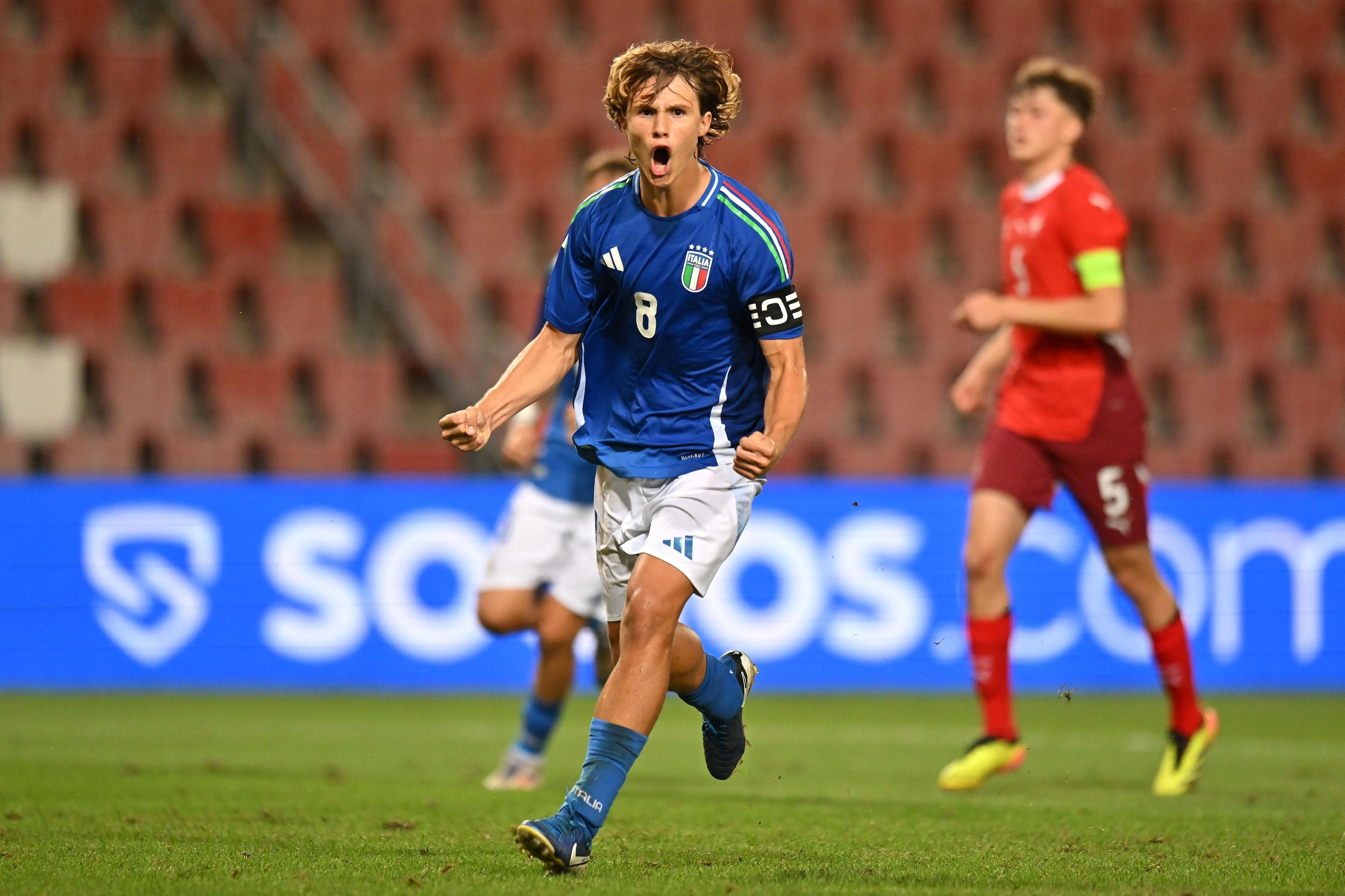 TRIESTE, ITALY - SEPTEMBER 06: Christian Comotto of Italy U17 celebrates after scoring the 1-1 goal during the International Friendly match between Italy U17 and Switzerland U17 at Stadio Nereo Rocco on September 06, 2024 in Trieste, Italy. (Photo by Alessandro Sabattini/Getty Images)
