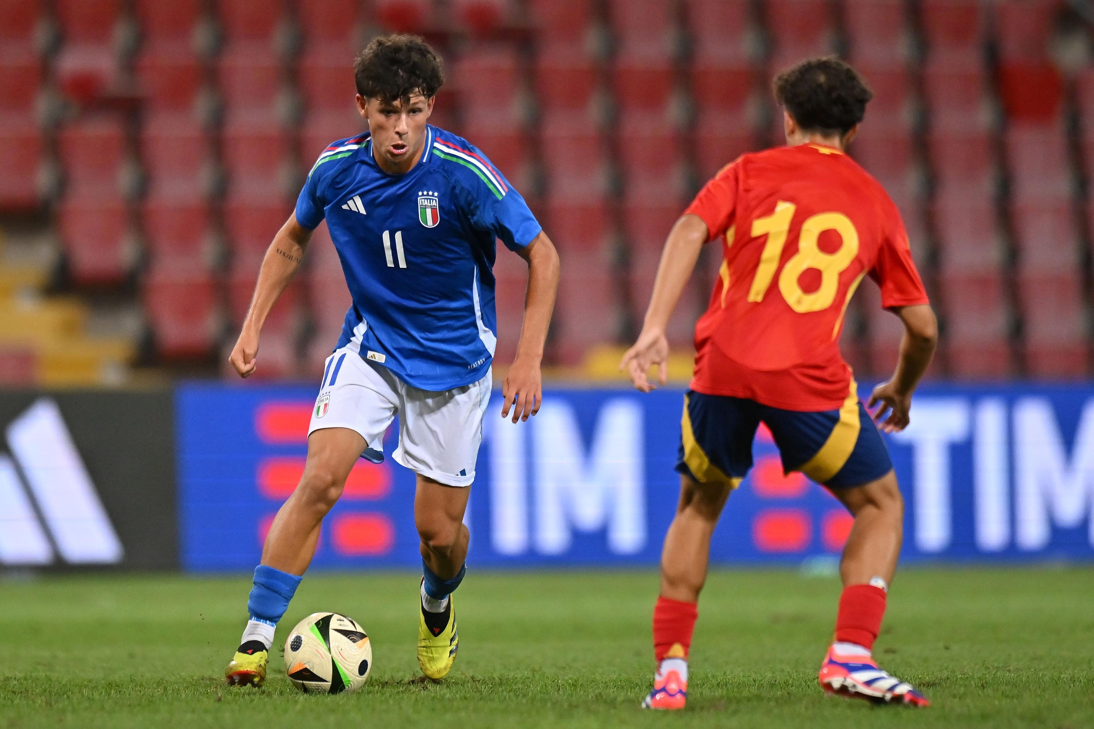 TRIESTE, ITALY - SEPTEMBER 09: Simone Lontani of Italy U17 during the International Friendly match between Italy U17 and Spain U17 at Stadio Nereo Rocco on September 09, 2024 in Trieste, Italy. (Photo by Alessandro Sabattini/Getty Images)