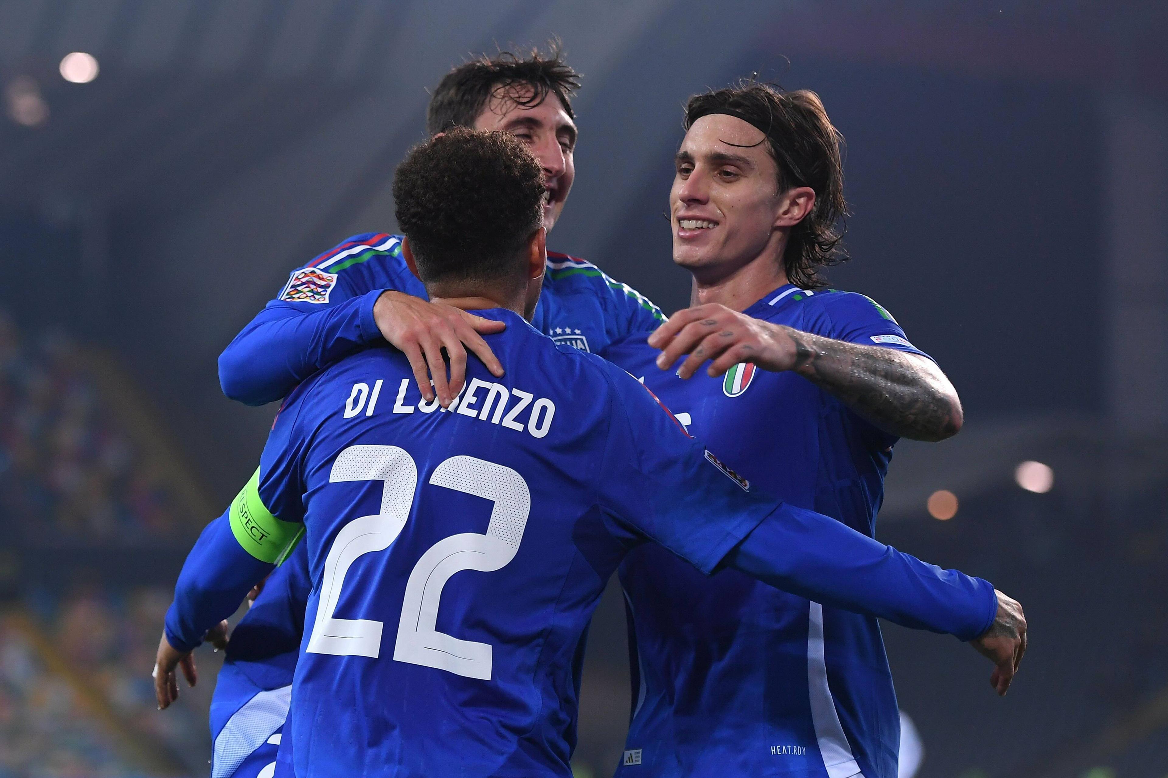 UDINE, ITALY - OCTOBER 14: Giovanni Di Lorenzo of Italy  celebrates after scoring his team fourth goal during the UEFA Nations League 2024/25 League A Group A2 match between Italy and Israel at  on October 14, 2024 in Udine, Italy. (Photo by FIGC/FIGC via Getty Images)