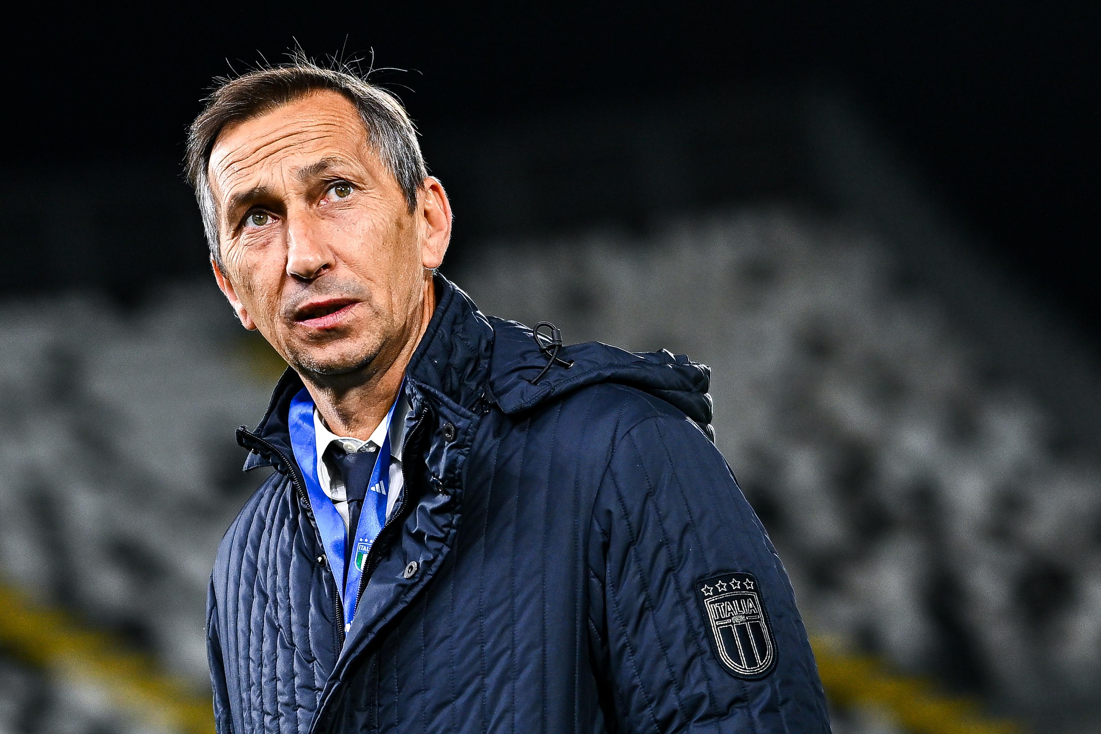 LA SPEZIA, ITALY - NOVEMBER 19: Carmine Nunziata, head coach of Italy U21, looks on prior to kick-off in the International Friendly match between Italy U21 and Ukraine U21 at Stadio Alberto Picco on November 19, 2024 in La Spezia, Italy. (Photo by Simone Arveda - FIGC/FIGC via Getty Images)