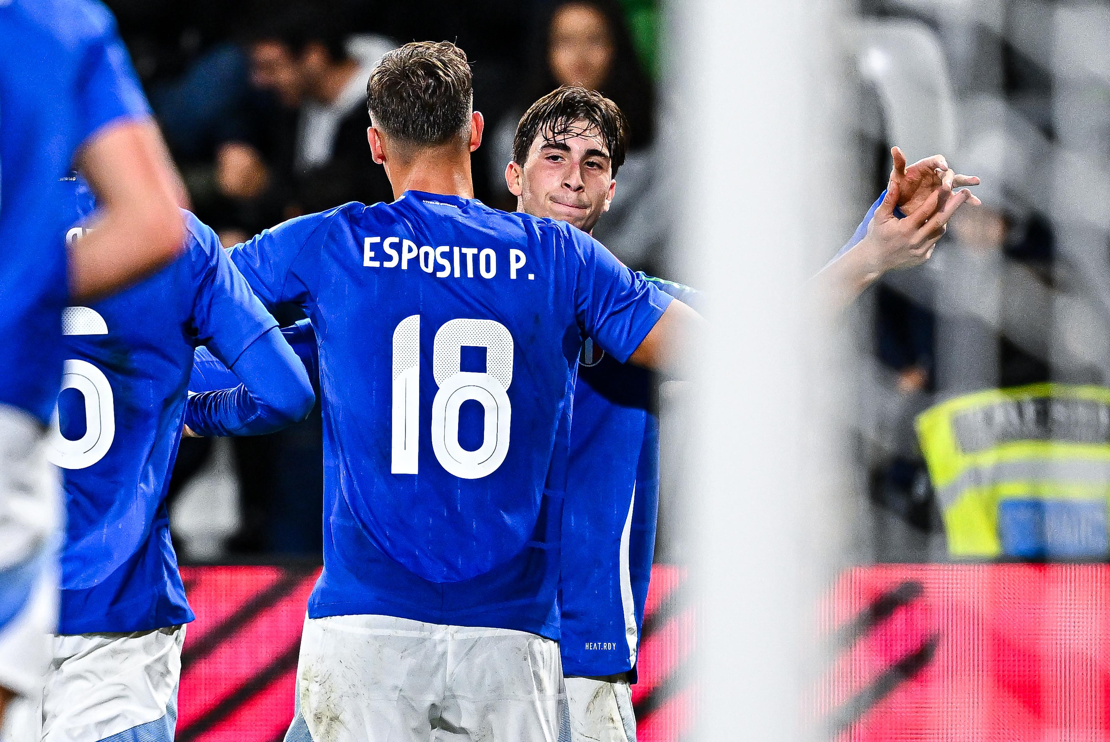 LA SPEZIA, ITALY - NOVEMBER 19: Pio Esposito of Italy U21 (left) celebrates with his team-mate Fabio Miretti after scoring a goal during the International Friendly match between Italy U21 and Ukraine U21 at Stadio Alberto Picco on November 19, 2024 in La Spezia, Italy. (Photo by Simone Arveda - FIGC/FIGC via Getty Images)