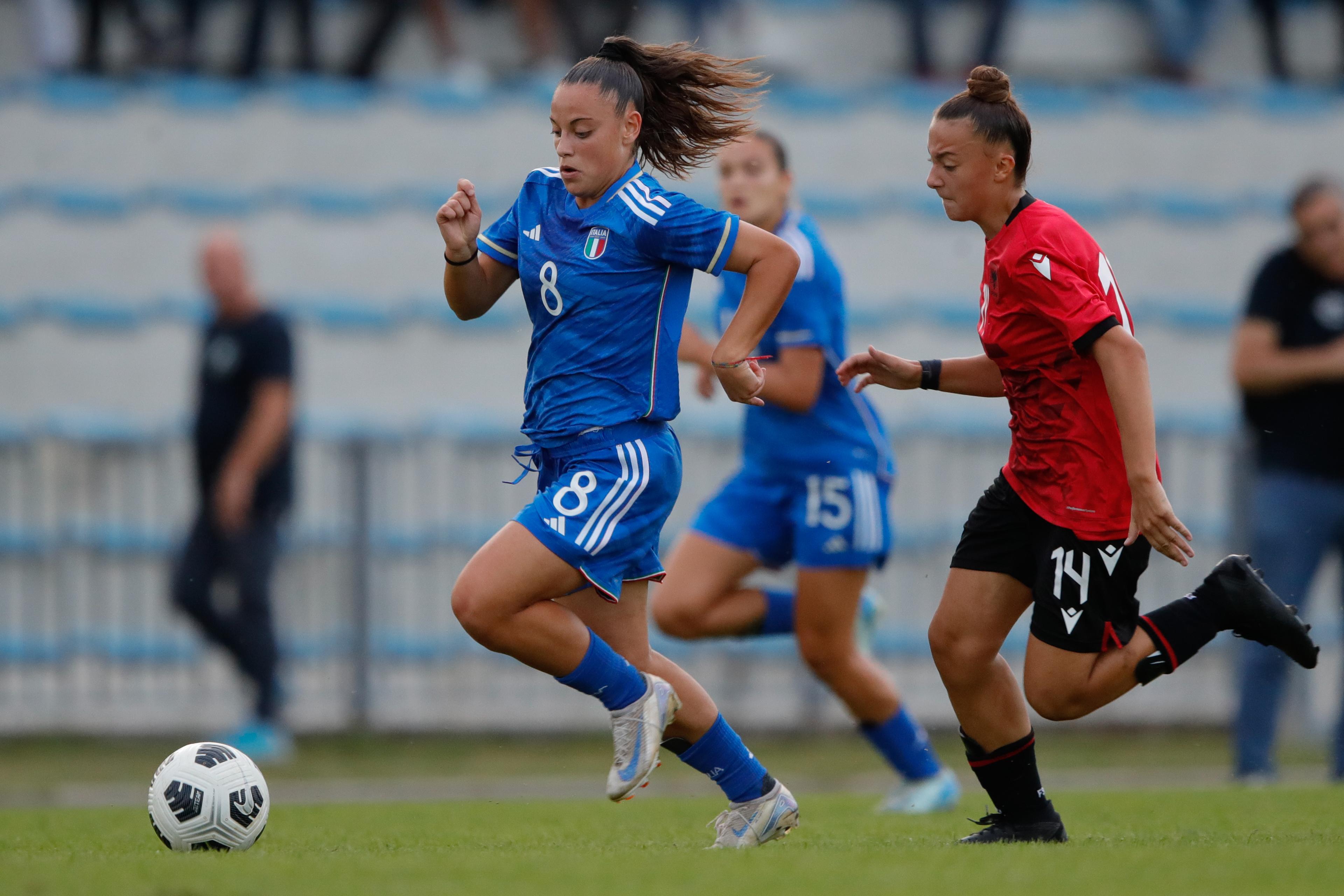GRADISCA D'ISONZO, ITALY - SEPTEMBER 11: Benedetta Bedini of Italy and Emili Deliallisi of Albania in action during the Women's U17 Friendly match between Italy and Albania on September 11, 2024 in Gradisca d'Isonzo, Italy. (Photo by Timothy Rogers/Getty Images)
