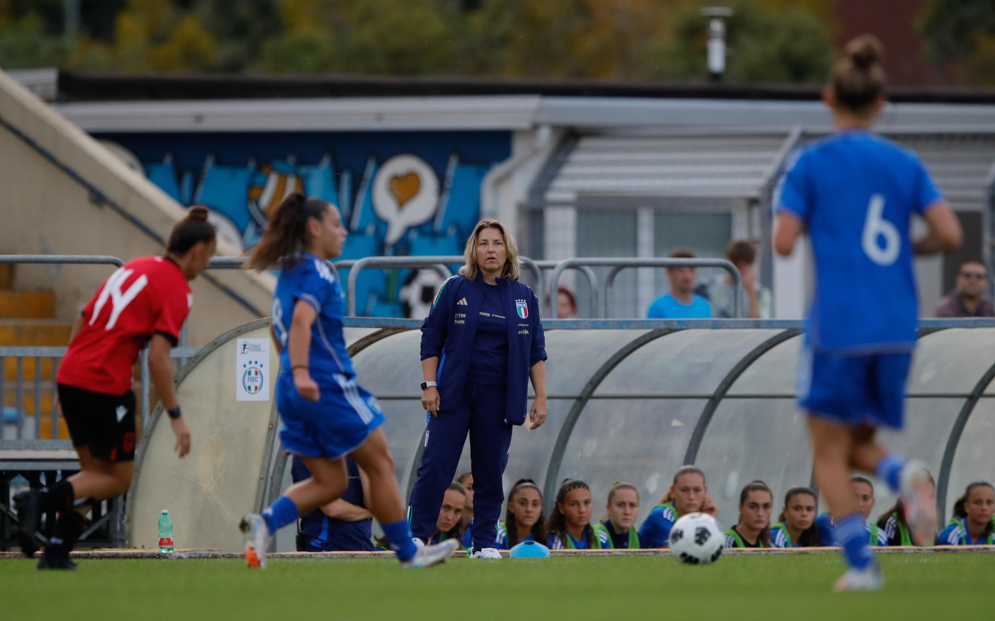 GRADISCA D'ISONZO, ITALY - SEPTEMBER 11: Italy's Head Coach Selena Mazzantini looks on during the Women's U17 Friendly match between Italy and Albania on September 11, 2024 in Gradisca d'Isonzo, Italy. (Photo by Timothy Rogers/Getty Images)