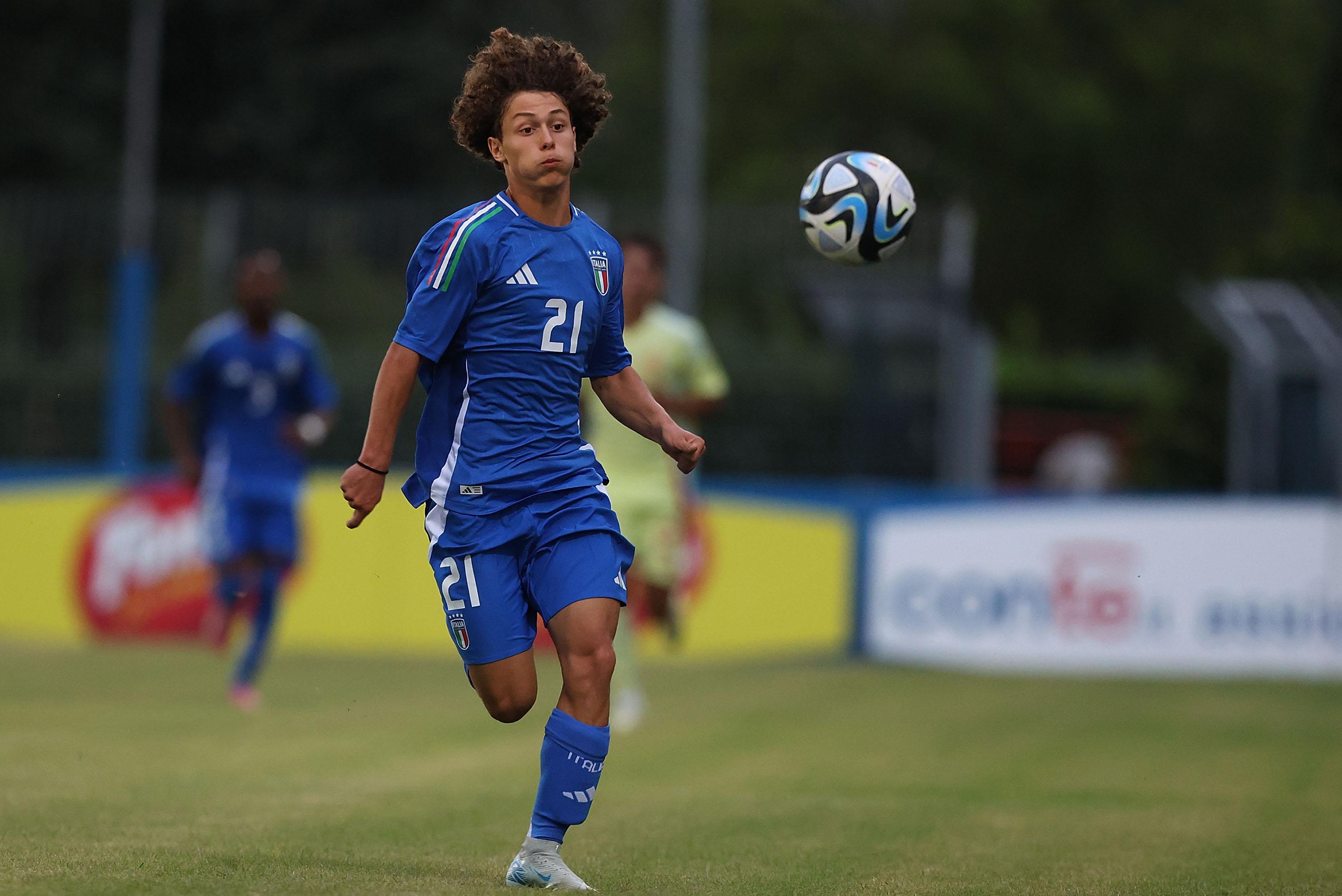FLORENCE, ITALY - SEPTEMBER 17: Jacopo Landi of Italy U16 in action during the friendly match between Italy U16 and Spain U16 at Centro Tecnico Federale di Coverciano on September 17, 2024 in Florence, Italy. (Photo by Gabriele Maltinti/Getty Images) *** Local Caption *** Jacopo Landi