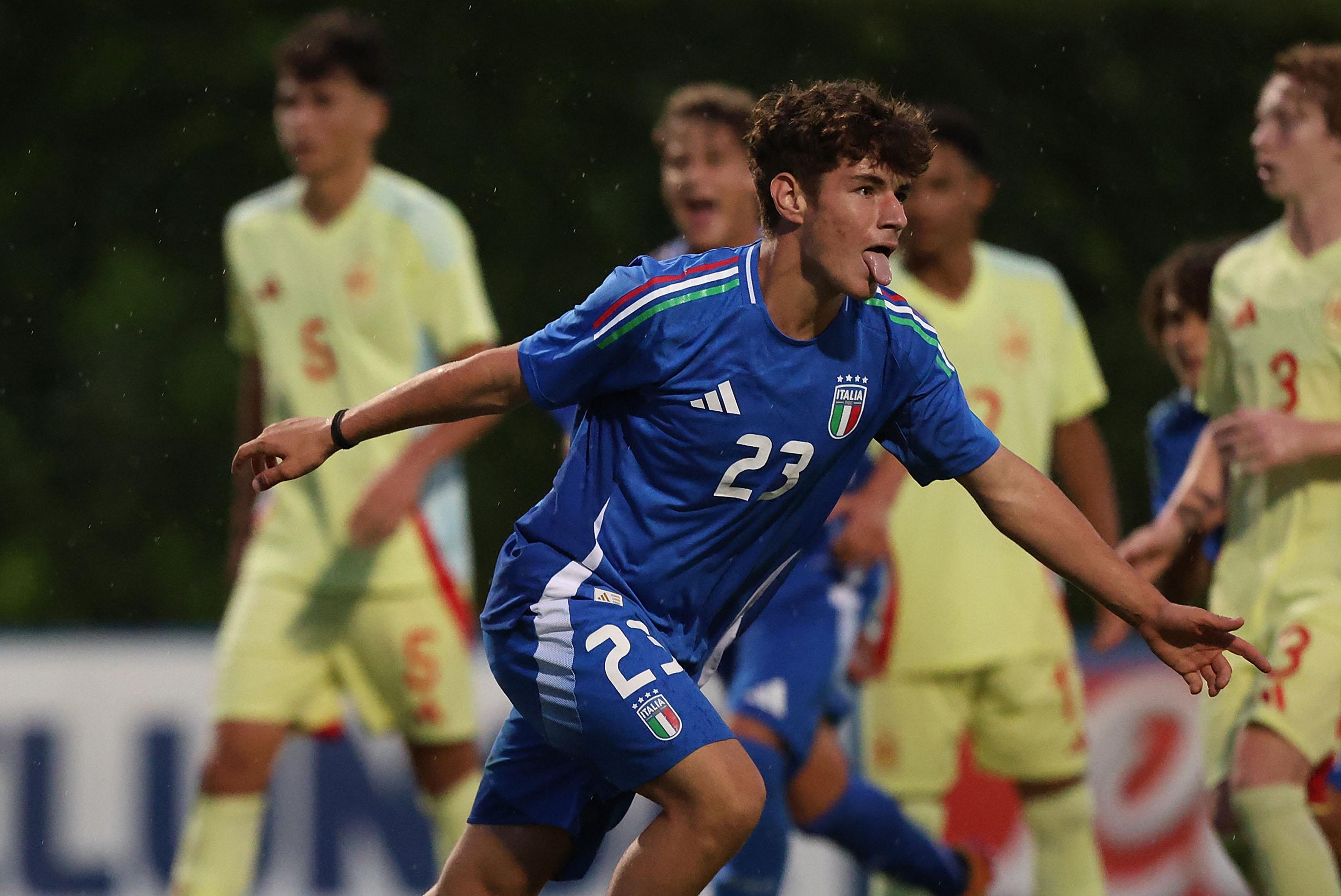 FLORENCE, ITALY - SEPTEMBER 17: Riccardo Paonessa of Italy U16 celebrates after scoring a goal during the friendly match between Italy U16 and Spain U16 at Centro Tecnico Federale di Coverciano on September 17, 2024 in Florence, Italy. (Photo by Gabriele Maltinti/Getty Images) *** Local Caption *** Riccardo Paonessa