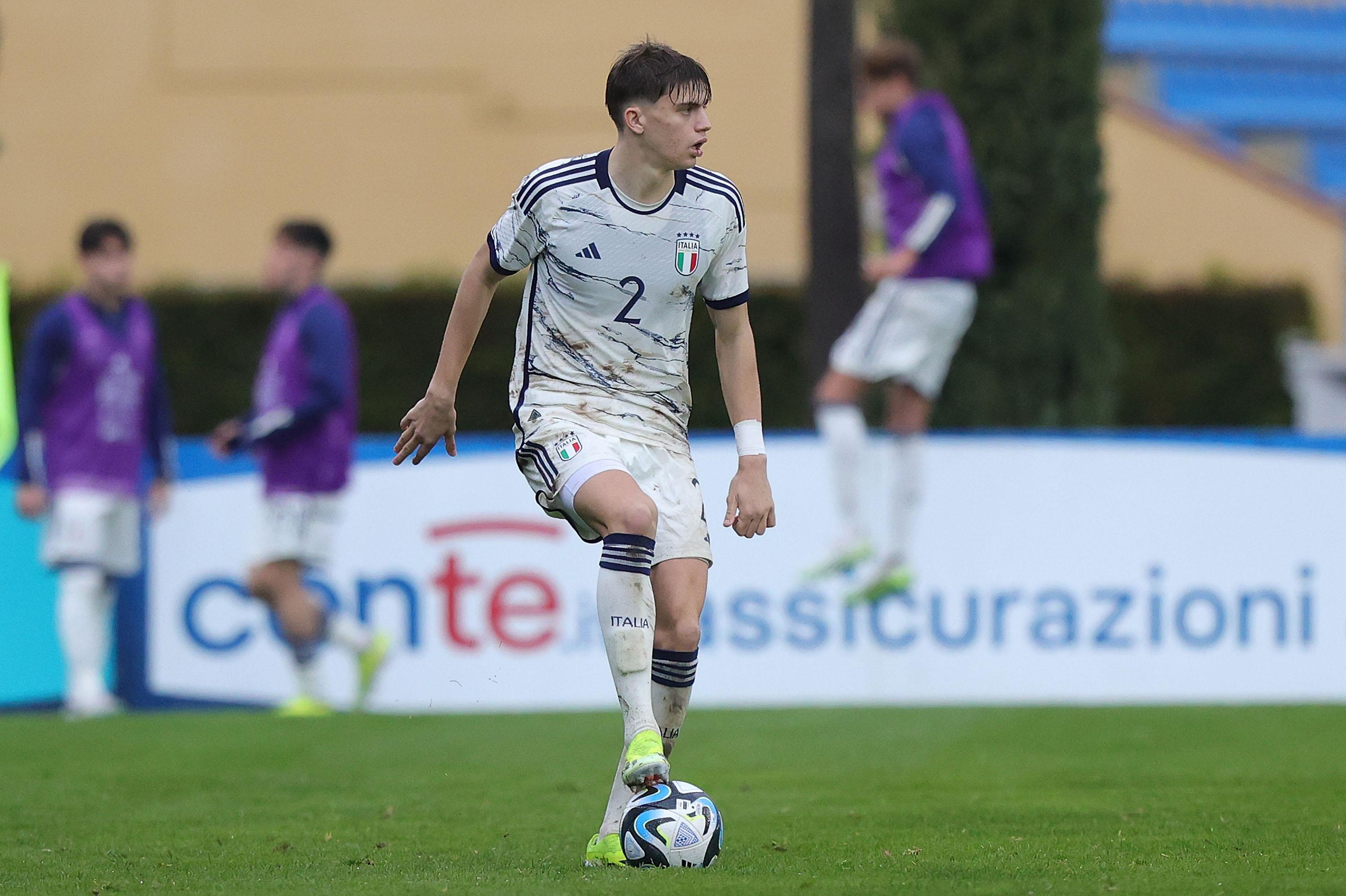FLORENCE, ITALY - JANUARY 17: Marco Palestra of Italy in action during the International Friendly between Italy U19 and Spain U19 at Centro Tecnico Federale di Coverciano on January 17, 2024 in Florence, Italy. (Photo by Gabriele Maltinti/Getty Images) *** Local Caption *** Marco Palestra
