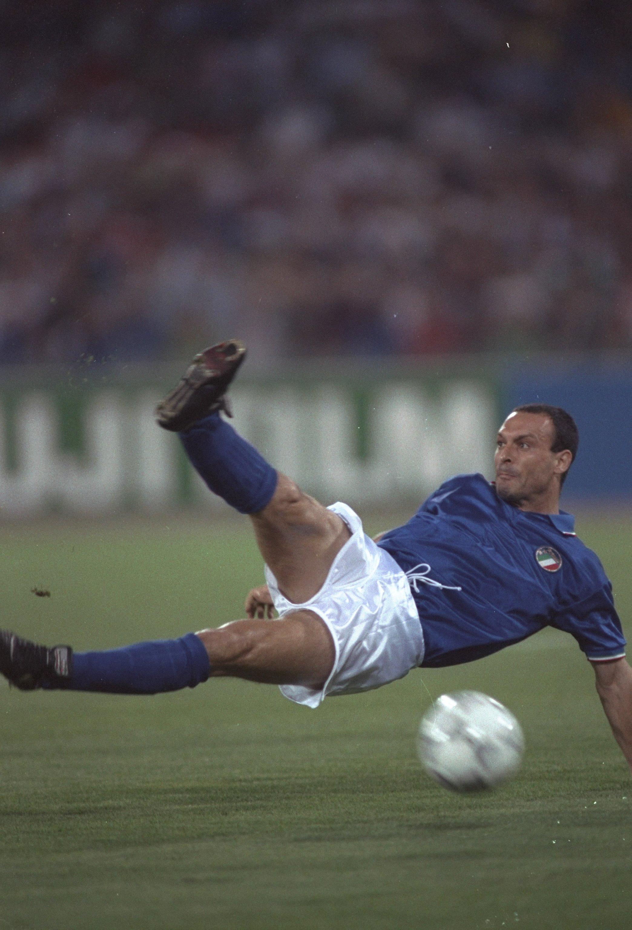 25 Jun 1990: Salvatore Schillaci of Italy in action against Uruguay at the 1990 World Cup in Rome. Schillaci scored the first goal for Italy. Italy won the match 2-0. \\\\ Mandatory Credit: Allsport /Allsport