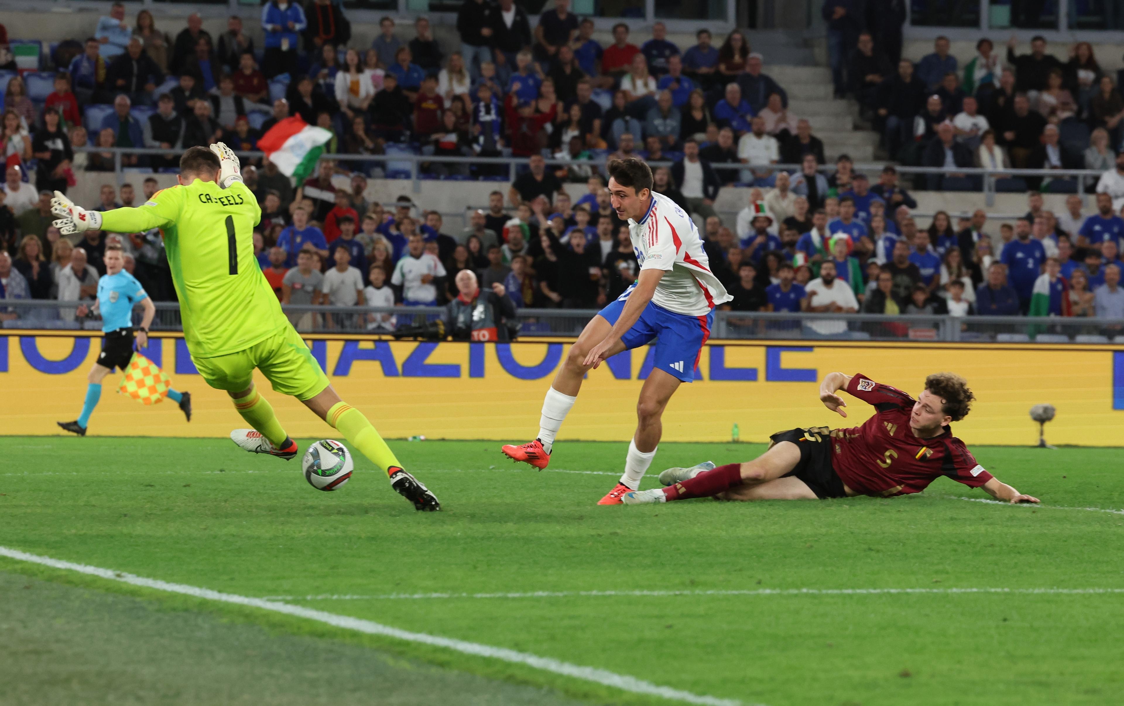 ROME, ITALY - OCTOBER 10: Andrea Cambiaso of Italy scores the goal during the UEFA Nations League 2024/25 League A Group A2 match between Italy and Belgium at Stadio Olimpico on October 10, 2024 in Rome, Italy. (Photo by Claudio Villa - FIGC/FIGC via Getty Images)