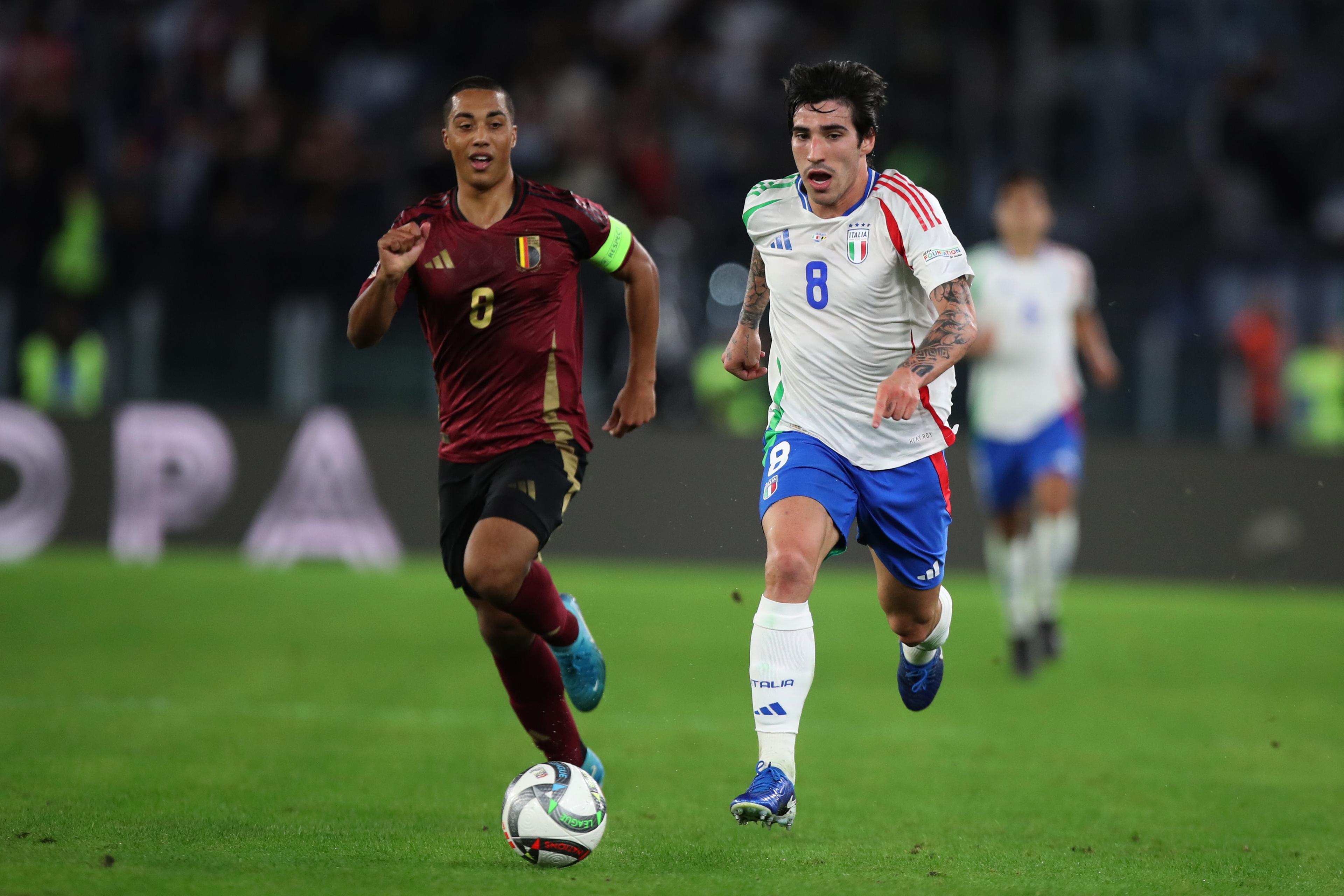ROME, ITALY - OCTOBER 10: Sandro Tonali of Italy in action during the UEFA Nations League 2024/25 League A Group A2 match between Italy and Belgium at on October 10, 2024 in Rome, Italy. (Photo by Paolo Bruno - FIGC/FIGC via Getty Images)