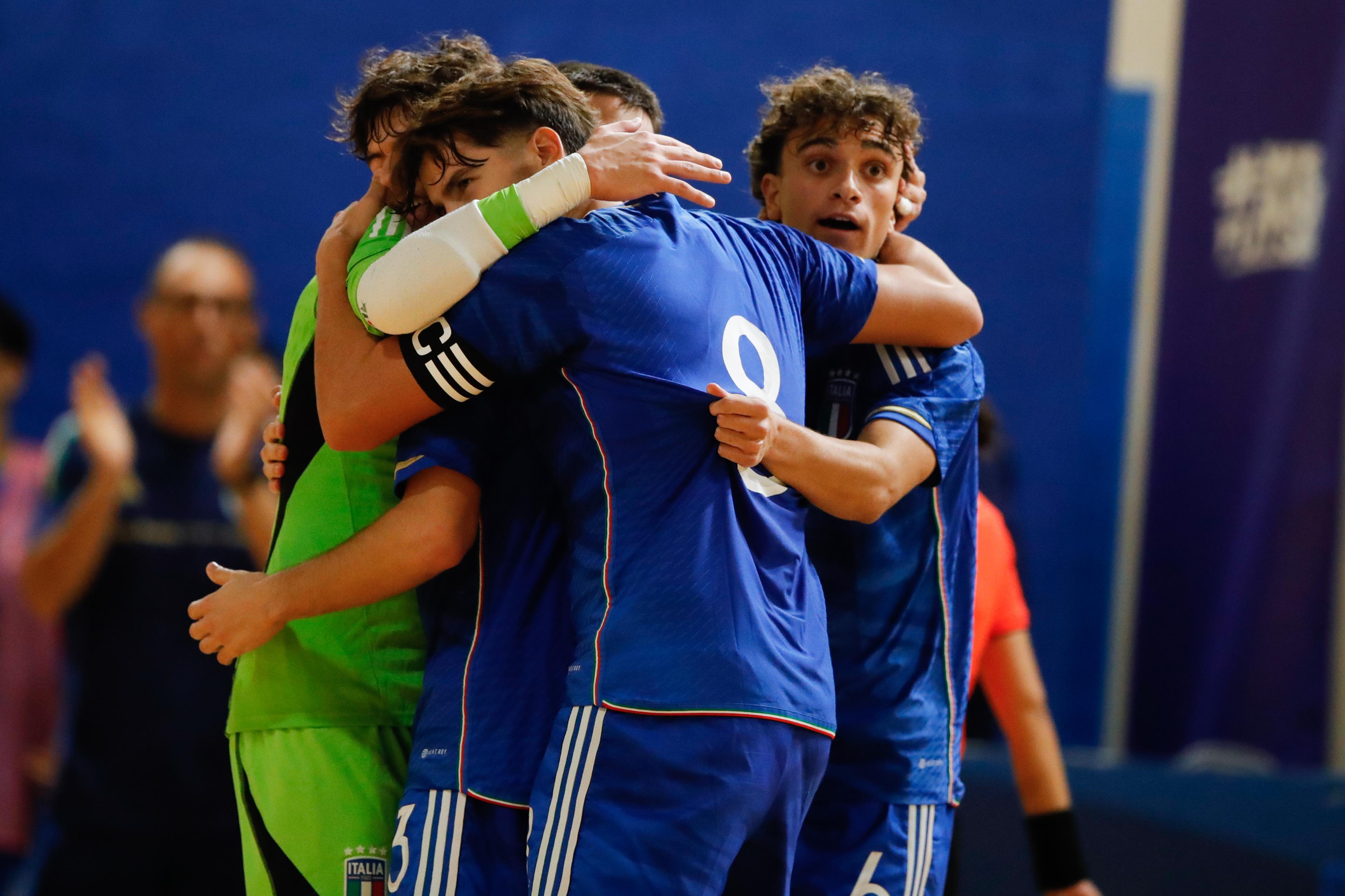 TREVISO, ITALY - OCTOBER 22: Italy celebrate scoring a goal during the International Friendly between Italy U19 and Finland U19 at Palamaser on October 22, 2024 in Treviso, Italy. (Photo by FIGC/FIGC via Getty Images)