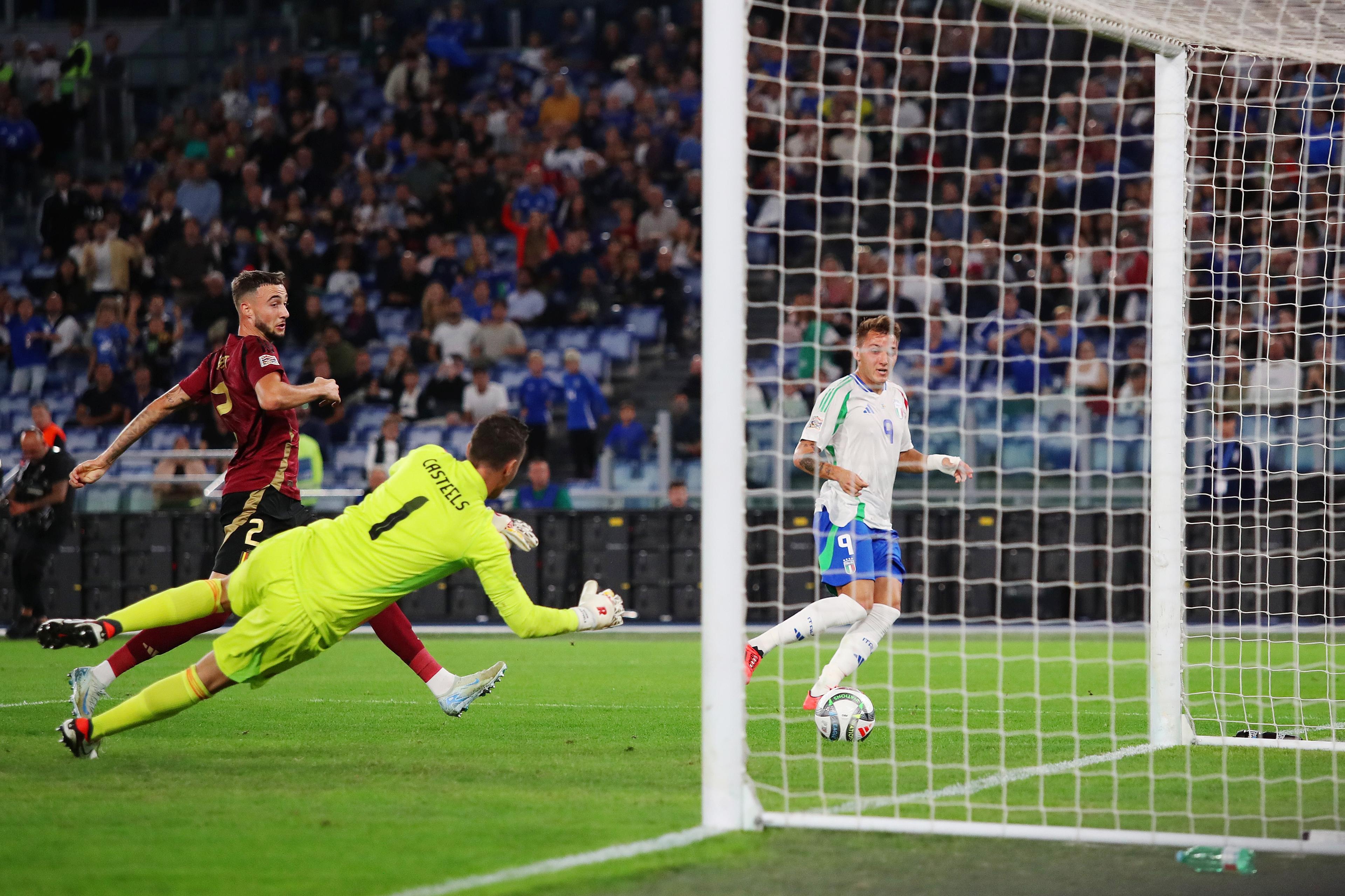 ROME, ITALY - OCTOBER 10: Mateo Retegui of Italy scores the team second goal during the UEFA Nations League 2024/25 League A Group A2 match between Italy and Belgium at  on October 10, 2024 in Rome, Italy. (Photo by Paolo Bruno - FIGC/FIGC via Getty Images)