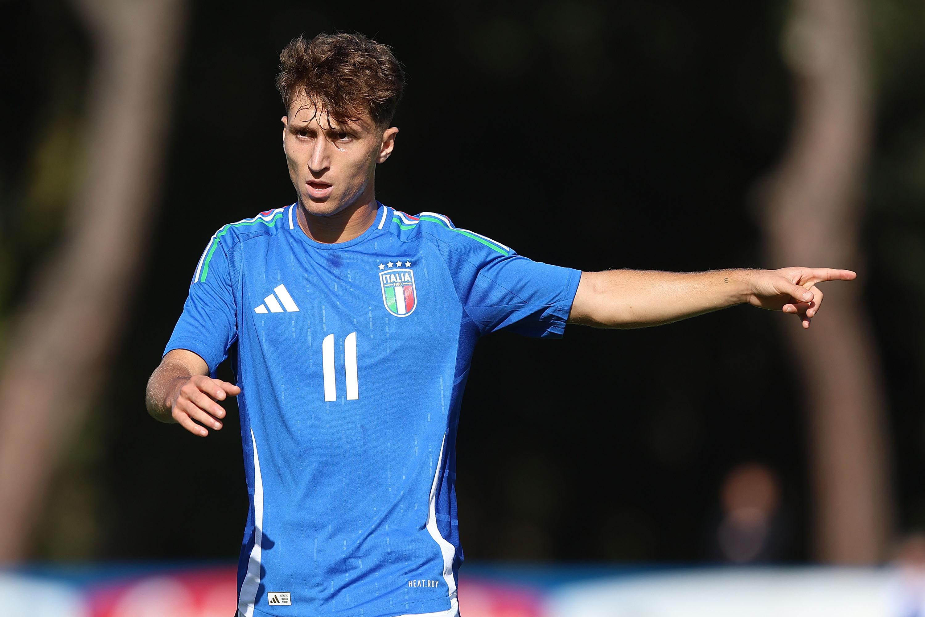 TIRRENIA, ITALY - OCTOBER 10: Tommaso Baldanzi of Italy U21 reacts during the Friendly match between Italy U21 and Livorno at Centro di Preparazione Olimpica on October 10, 2024 in Tirrenia, Italy.  (Photo by Gabriele Maltinti - FIGC/FIGC via Getty Images)\\r2:1 *** Local Caption *** Tommaso Baldanzi
