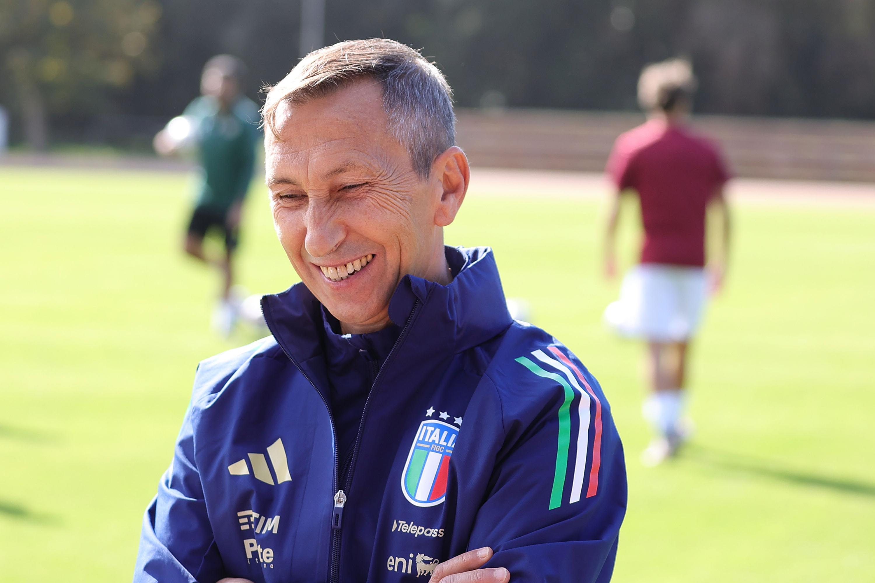 TIRRENIA, ITALY - OCTOBER 10: Carmine Nunziata manager of Italy U21 looks on during the Friendly match between Italy U21 and Livorno at Centro di Preparazione Olimpica on October 10, 2024 in Tirrenia, Italy.  (Photo by Gabriele Maltinti - FIGC/FIGC via Getty Images)\\r2:1 *** Local Caption *** Carmine Nunziata