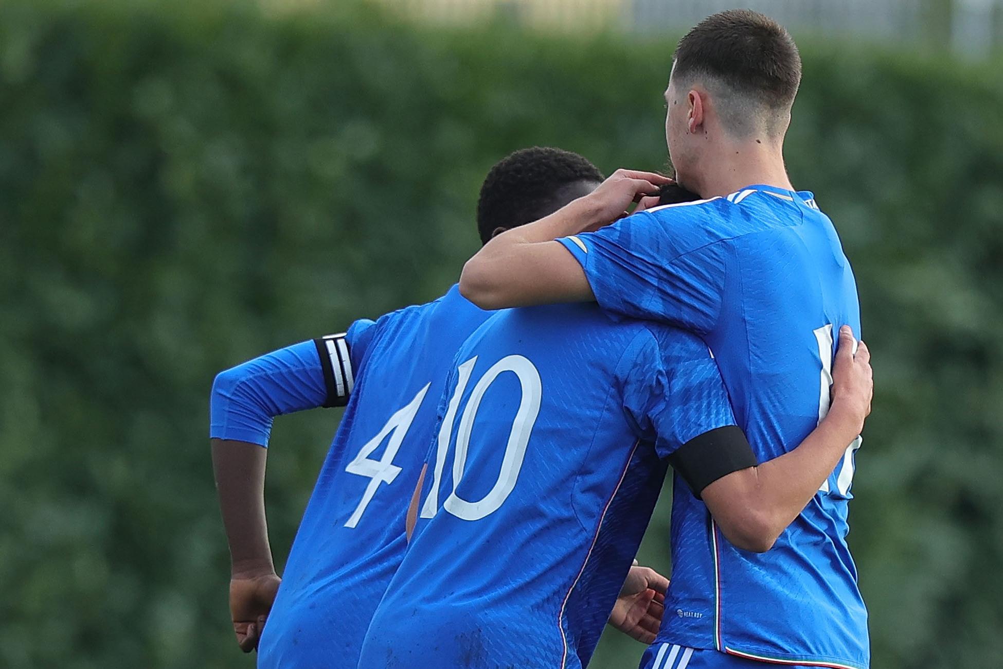 FLORENCE, ITALY - JANUARY 23: Giole Giammattei of Italy U15 celebrates after scoring a goal during the International Friendly match between Italy U15 and Slovenia U15 at Centro Tecnico Federale di Coverciano on January 23, 2024 in Florence, Italy. (Photo by Gabriele Maltinti/Getty Images) *** Local Caption *** Giole Giammattei