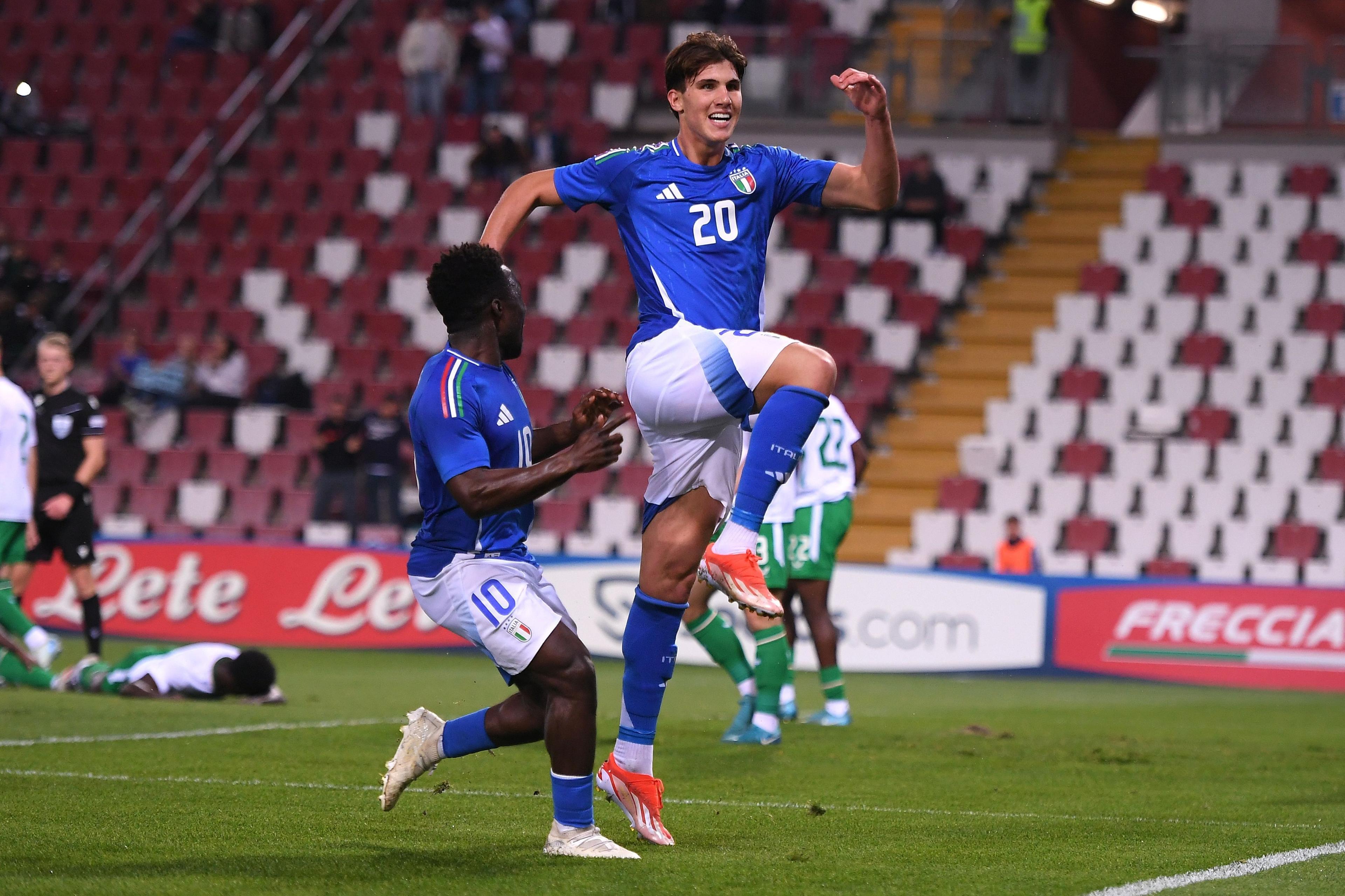 TRIESTE, ITALY - OCTOBER 15: Cesare Casadei of Italy U21 celebrates after scoring the opening goal during the UEFA U21 Euro 2025 Qualifier match between Italy and Ireland at Stadio Nereo Rocco on October 15, 2024 in Trieste, Italy. (Photo by FIGC/FIGC via Getty Images