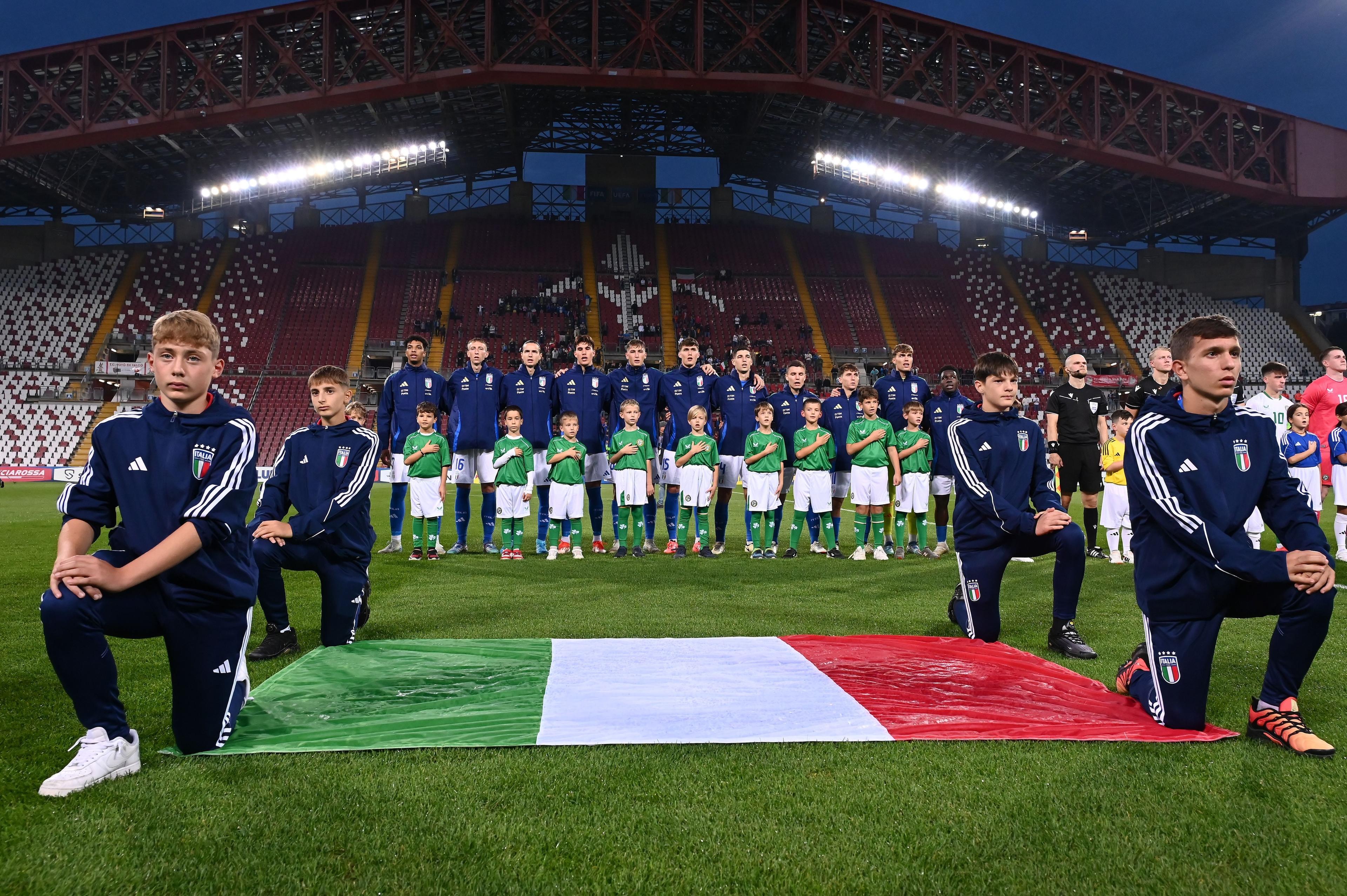 TRIESTE, ITALY - OCTOBER 15: Italian players line up during the UEFA U21 Euro 2025 Qualifier match between Italy and Ireland at Stadio Nereo Rocco on October 15, 2024 in Trieste, Italy. (Photo by FIGC/FIGC via Getty Images