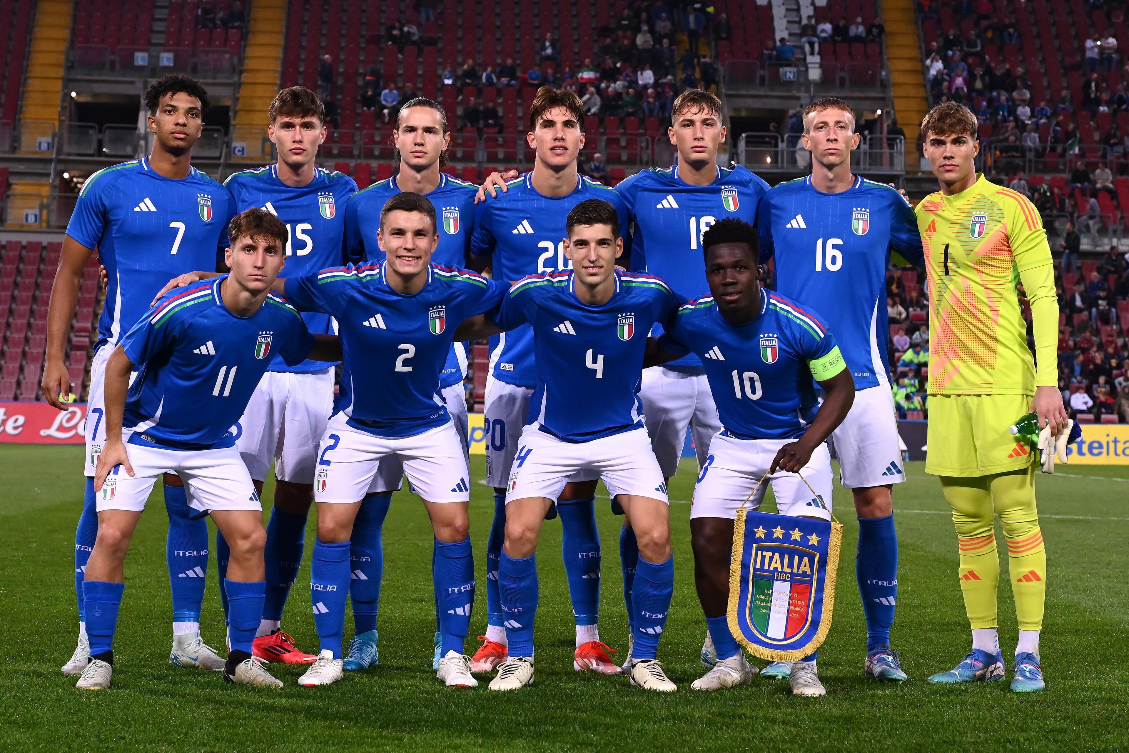TRIESTE, ITALY - OCTOBER 15: Italian players  line up during the UEFA U21 Euro 2025 Qualifier match between Italy and Ireland at Stadio Nereo Rocco on October 15, 2024 in Trieste, Italy. (Photo by FIGC/FIGC via Getty Images