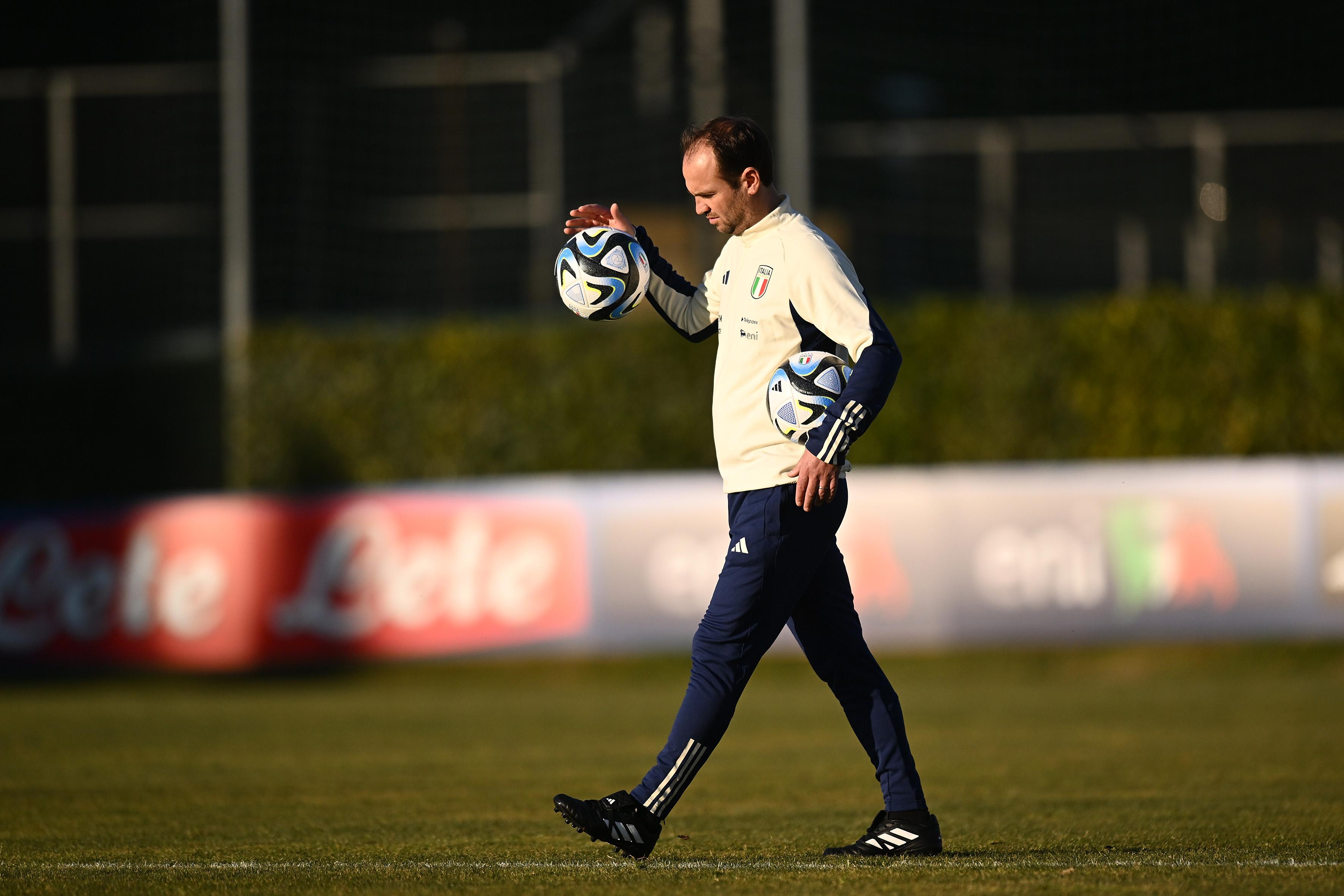 FLORENCE, ITALY - FEBRUARY 13: Nicola Matteucci, of Italy Women, looks on during a training session at Centro Tecnico Federale di Coverciano on February 13, 2023 in Florence, Italy. (Photo by Tullio M. Puglia/Getty Images)