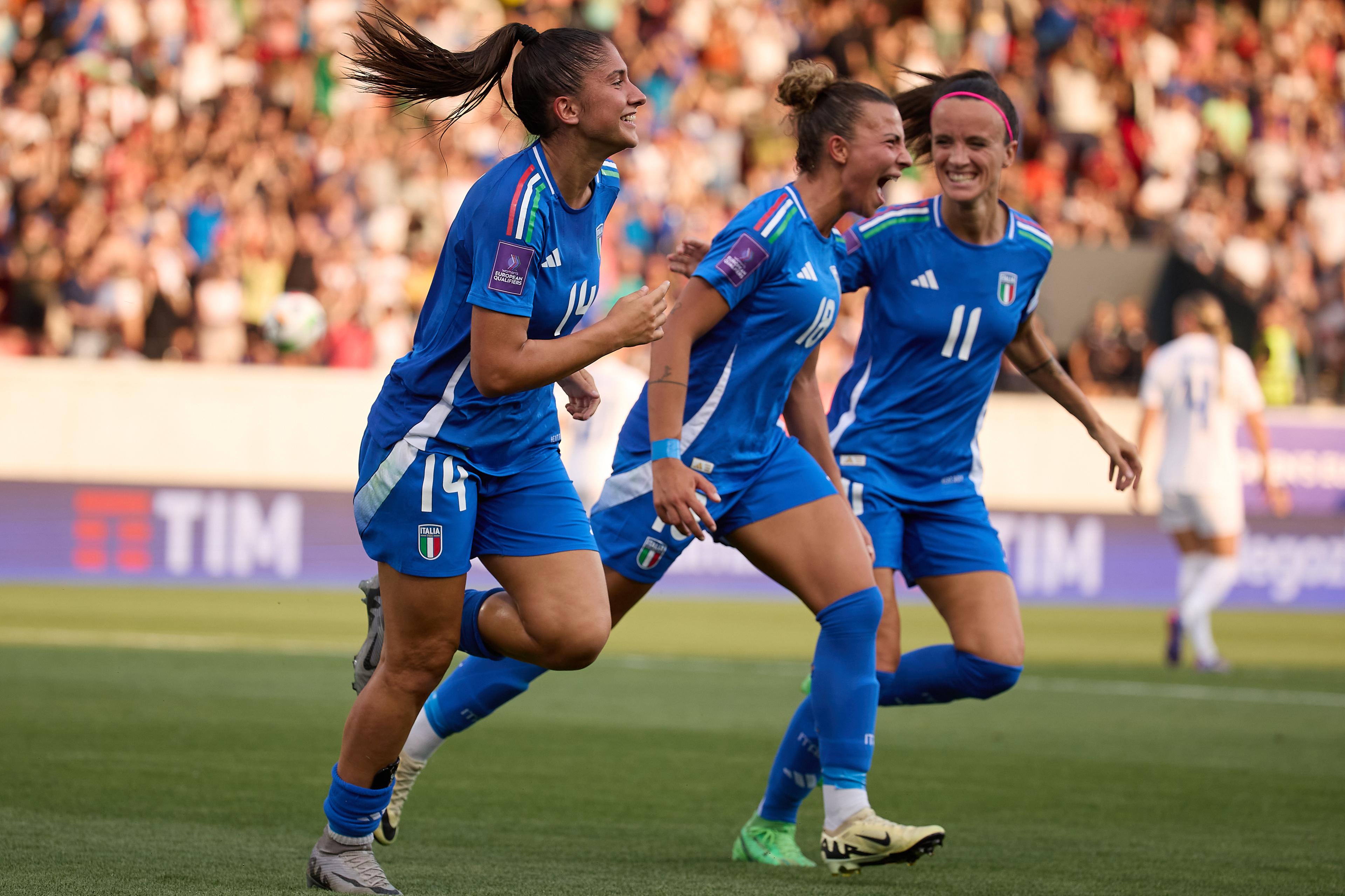 BOLZANO, ITALY - JULY 16: Chiara Beccari of Italy celebrates after scoring her team\\'s first goal during the Women\\'s EURO 2025 European Qualifiers match between Italy and Finland at Stadio Druso on July 16, 2024 in Bolzano, Italy. (Photo by Emmanuele Ciancaglini/Getty Images)