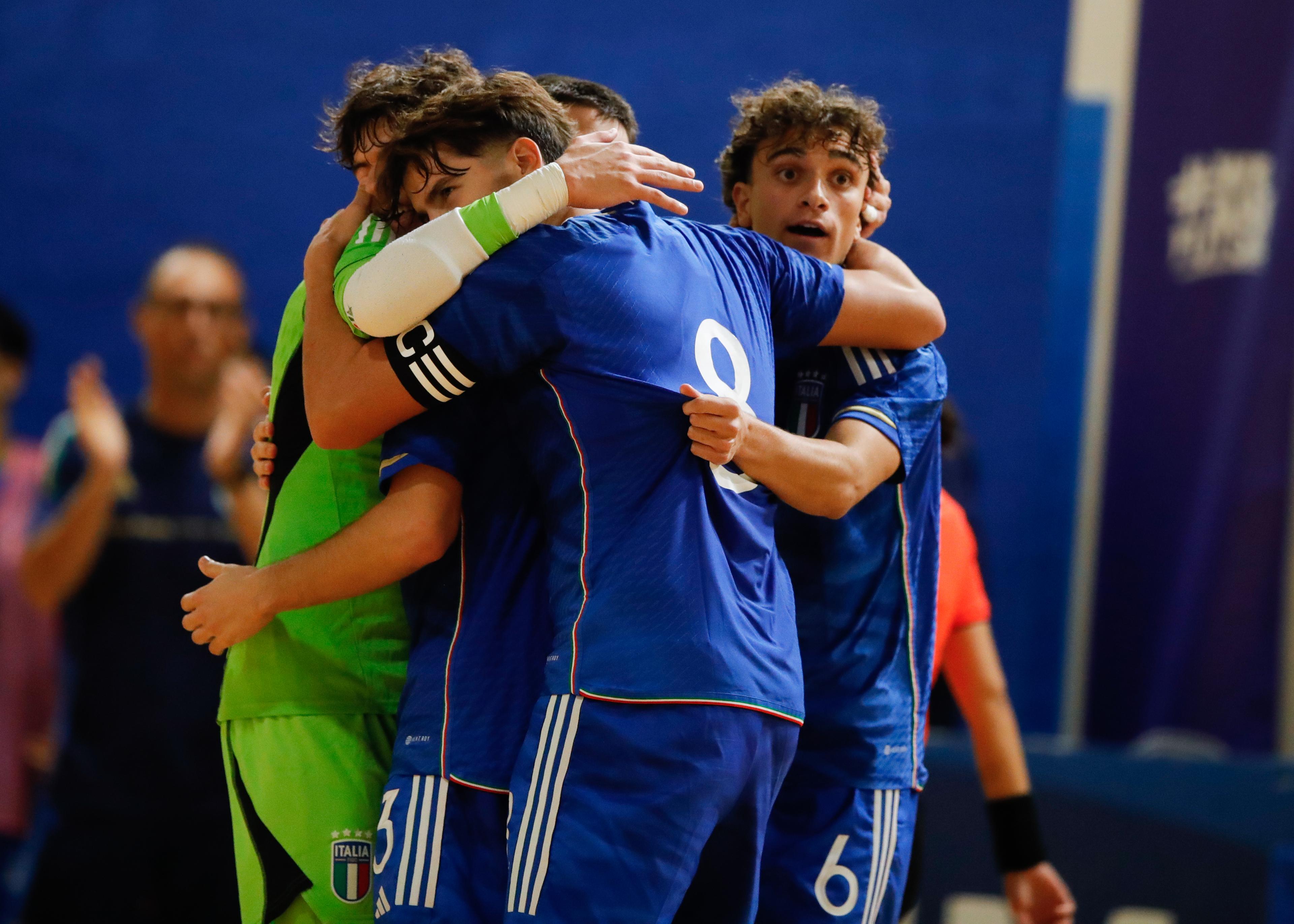 TREVISO, ITALY - OCTOBER 22: Italy celebrate scoring a goal during the International Friendly between Italy U19 and Finland U19 at Palamaser on October 22, 2024 in Treviso, Italy. (Photo by FIGC/FIGC via Getty Images)