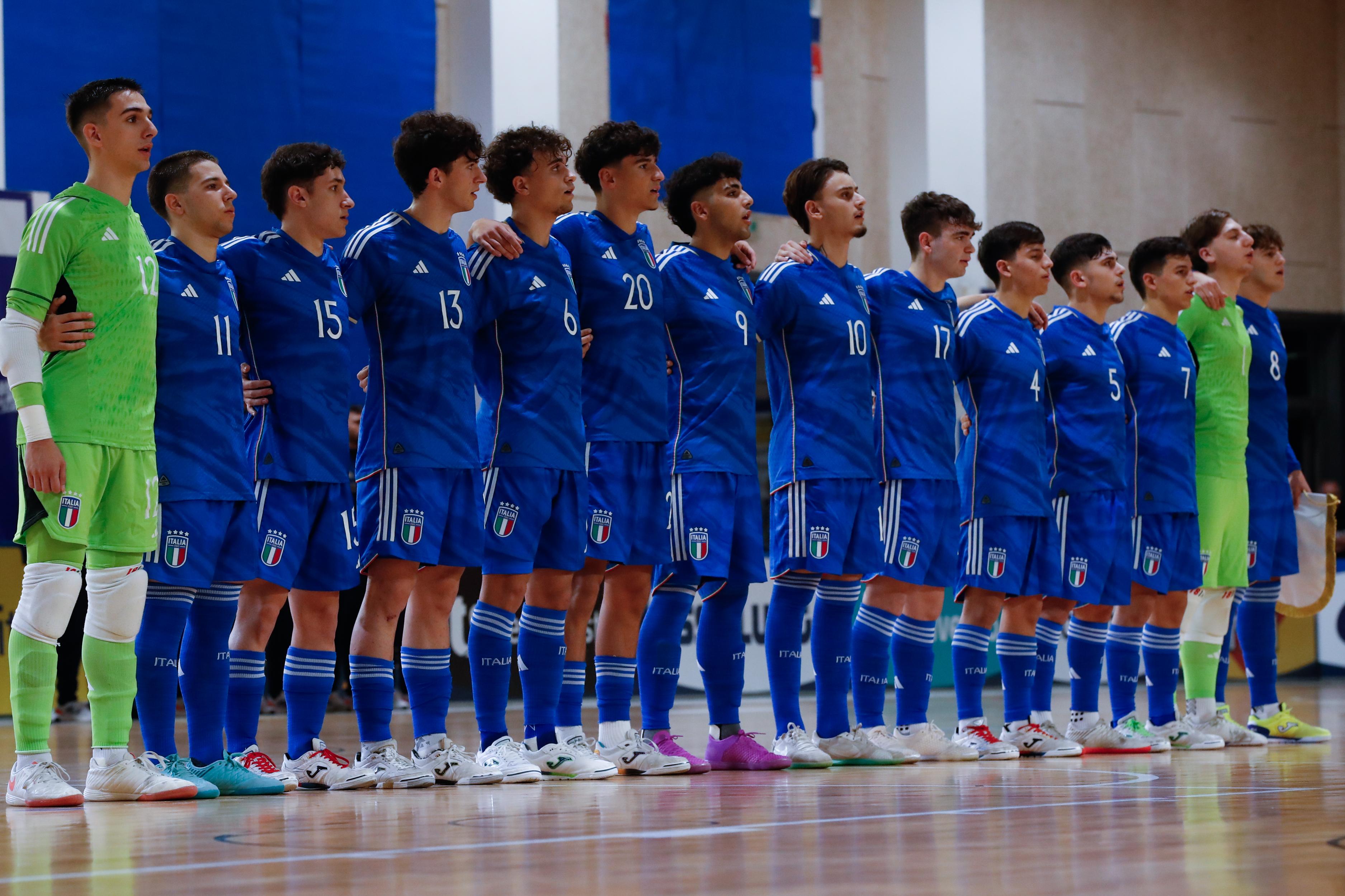 TREVISO, ITALY - OCTOBER 22: Italy sing their national anthem at the International Friendly between Italy U19 and Finland U19 at Palamaser on October 22, 2024 in Treviso, Italy. (Photo by FIGC/FIGC via Getty Images)