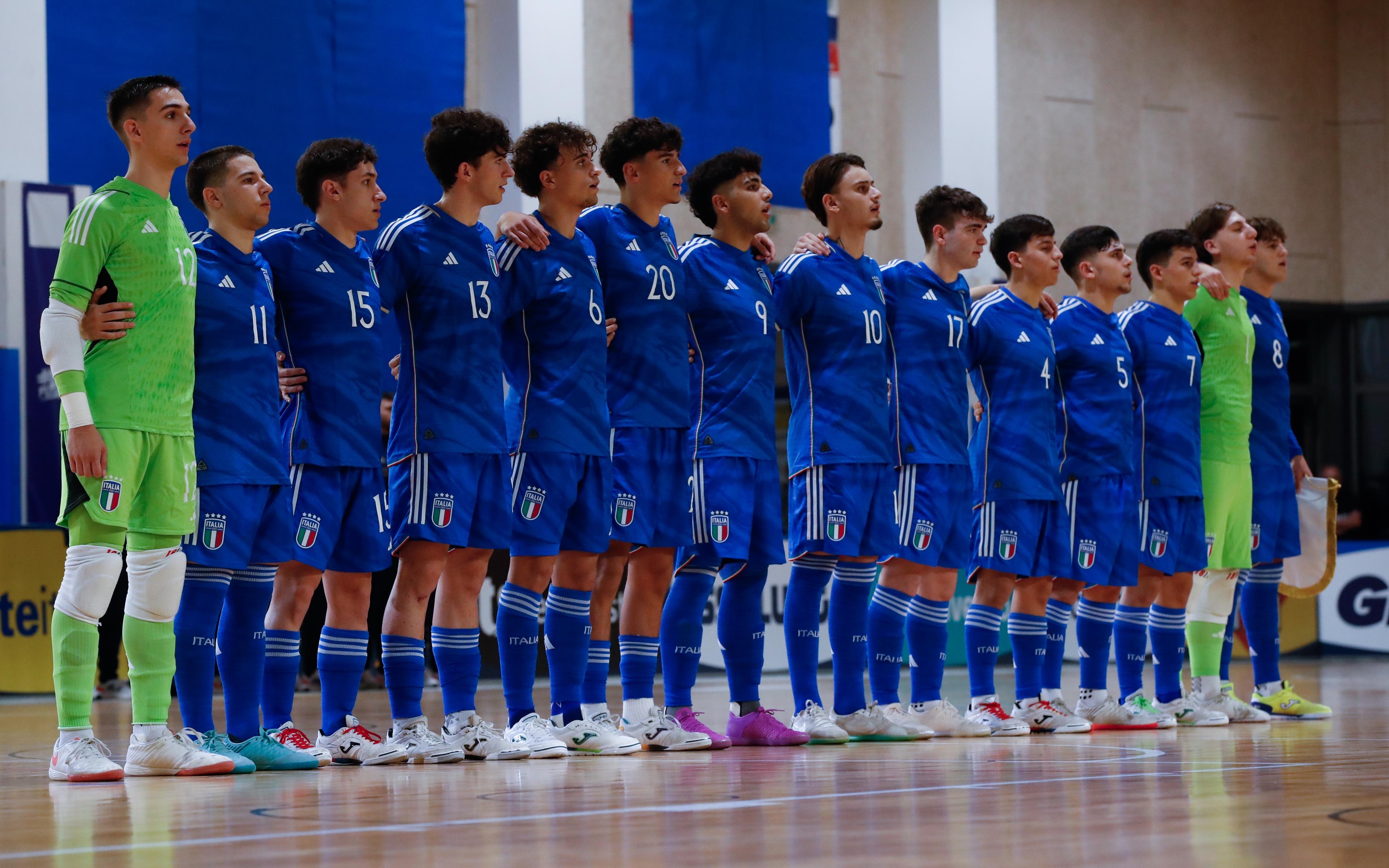 TREVISO, ITALY - OCTOBER 22: Italy sing their national anthem at the International Friendly between Italy U19 and Finland U19 at Palamaser on October 22, 2024 in Treviso, Italy. (Photo by FIGC/FIGC via Getty Images)