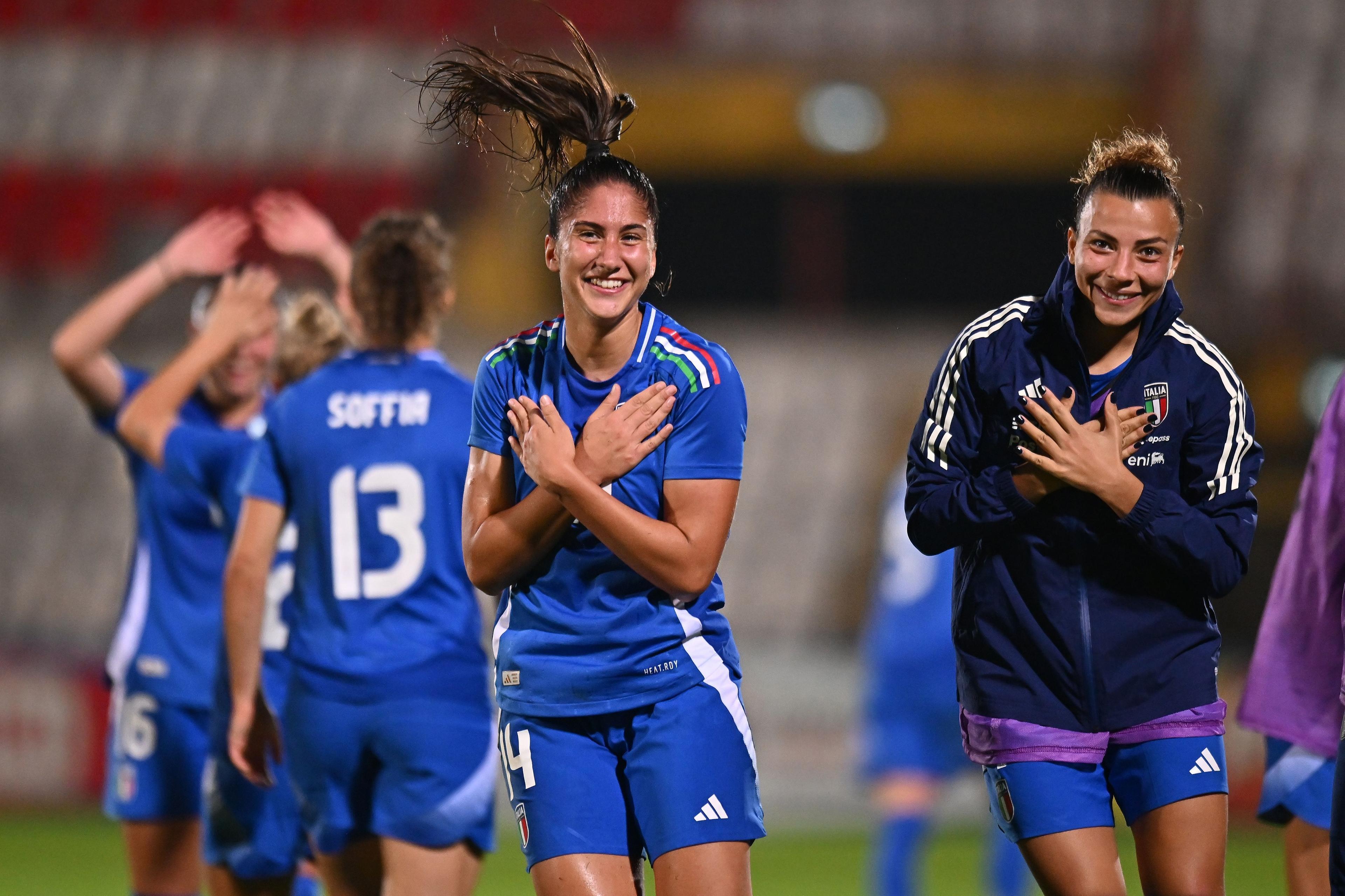 IMOLA, ITALY - OCTOBER 29: Chiara Beccari of Italy celebrates after scoring 1-1 goal during the Women's International Friendly match between Italy and Spain on October 29, 2024 in Imola, Italy. (Photo by FIGC/FIGC via Getty Images)
