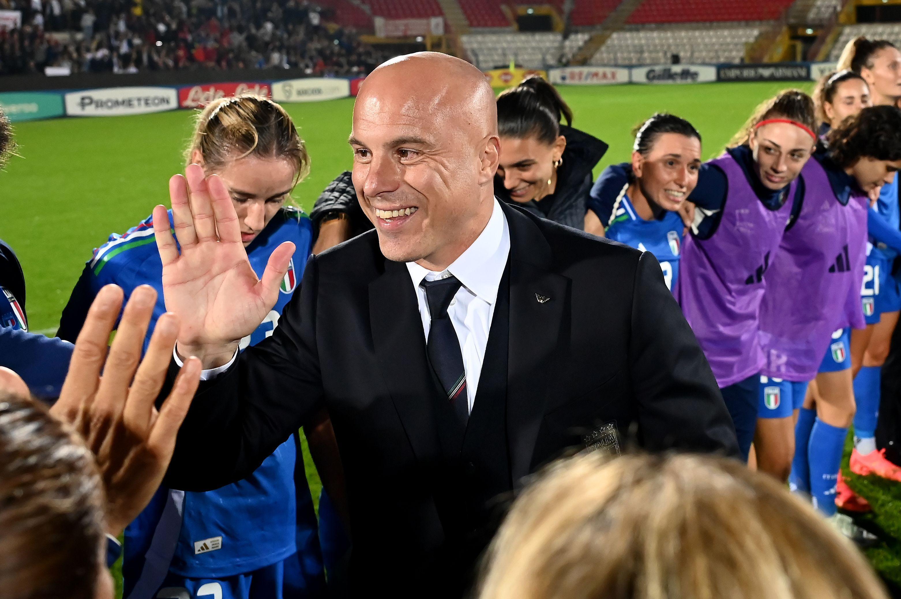 IMOLA, ITALY - OCTOBER 29: Andrea Soncin head coach of Italy celebratesduring the Women's International Friendly match between Italy and Spain on October 29, 2024 in Imola, Italy. (Photo by FIGC/FIGC via Getty Images)