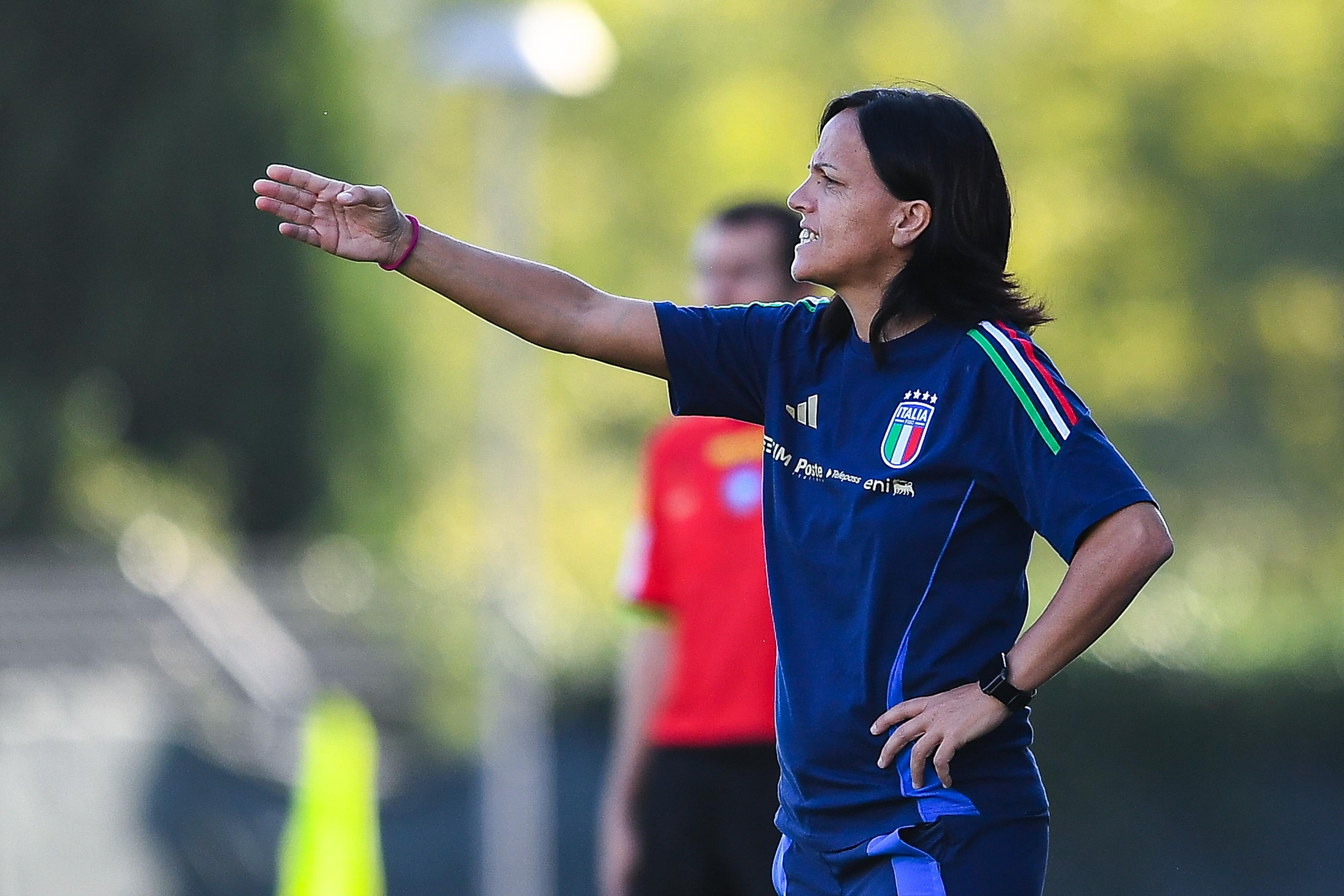 FLORENCE, ITALY - OCTOBER 28: Tatiana Zorri, head coach of Italy, reacts during the Women International Friendly match between Italy U23 and Germany U23 at Centro Tecnico Federale di Coverciano on October 28, 2024 in Florence, Italy. (Photo by Ingrid Zambrano - FIGC/FIGC via Getty Images)