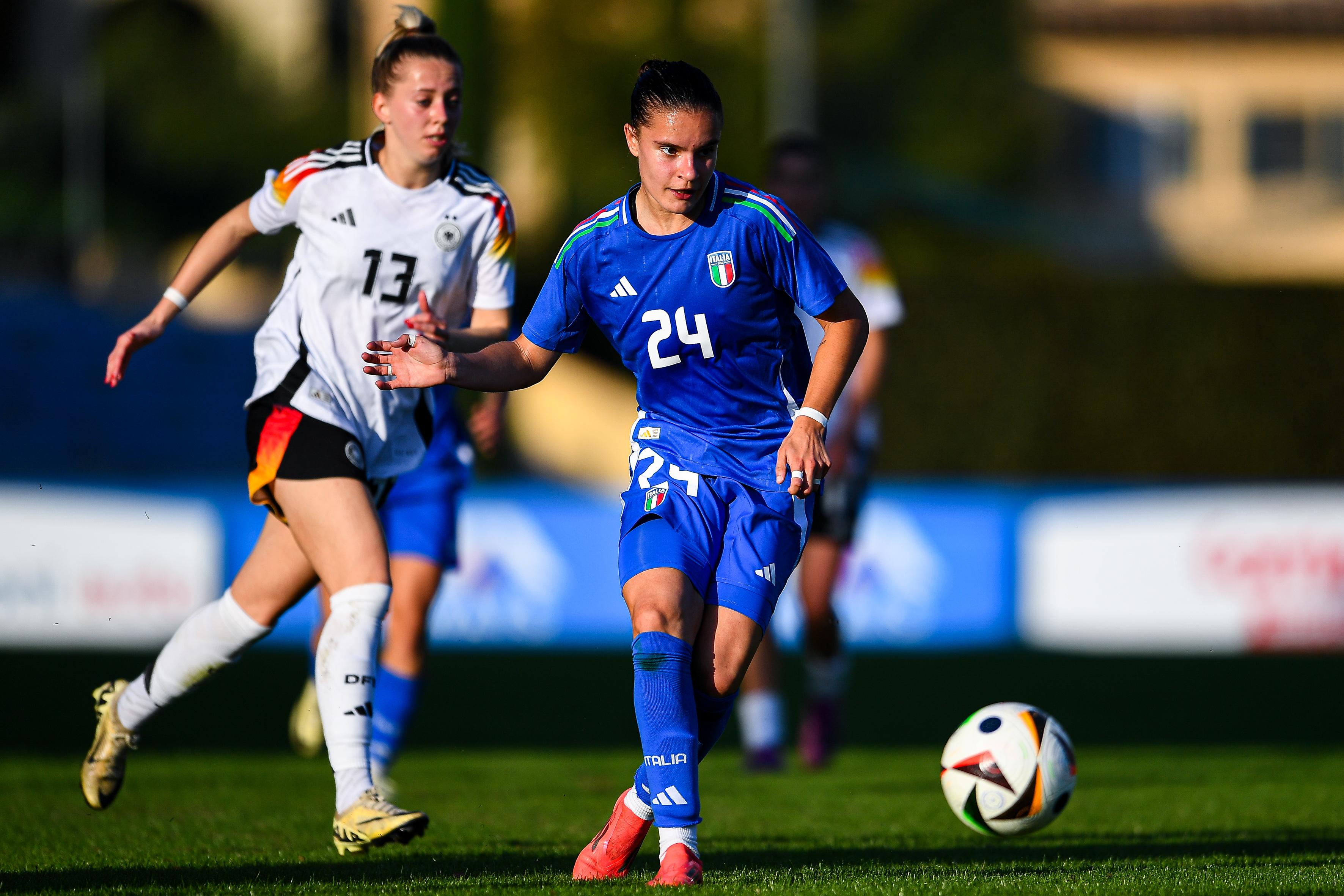 FLORENCE, ITALY - OCTOBER 28: Monica Renzotti of Italy is seen in action during the Women International Friendly match between Italy U23 and Germany U23 at Centro Tecnico Federale di Coverciano on October 28, 2024 in Florence, Italy. (Photo by Ingrid Zambrano - FIGC/FIGC via Getty Images)