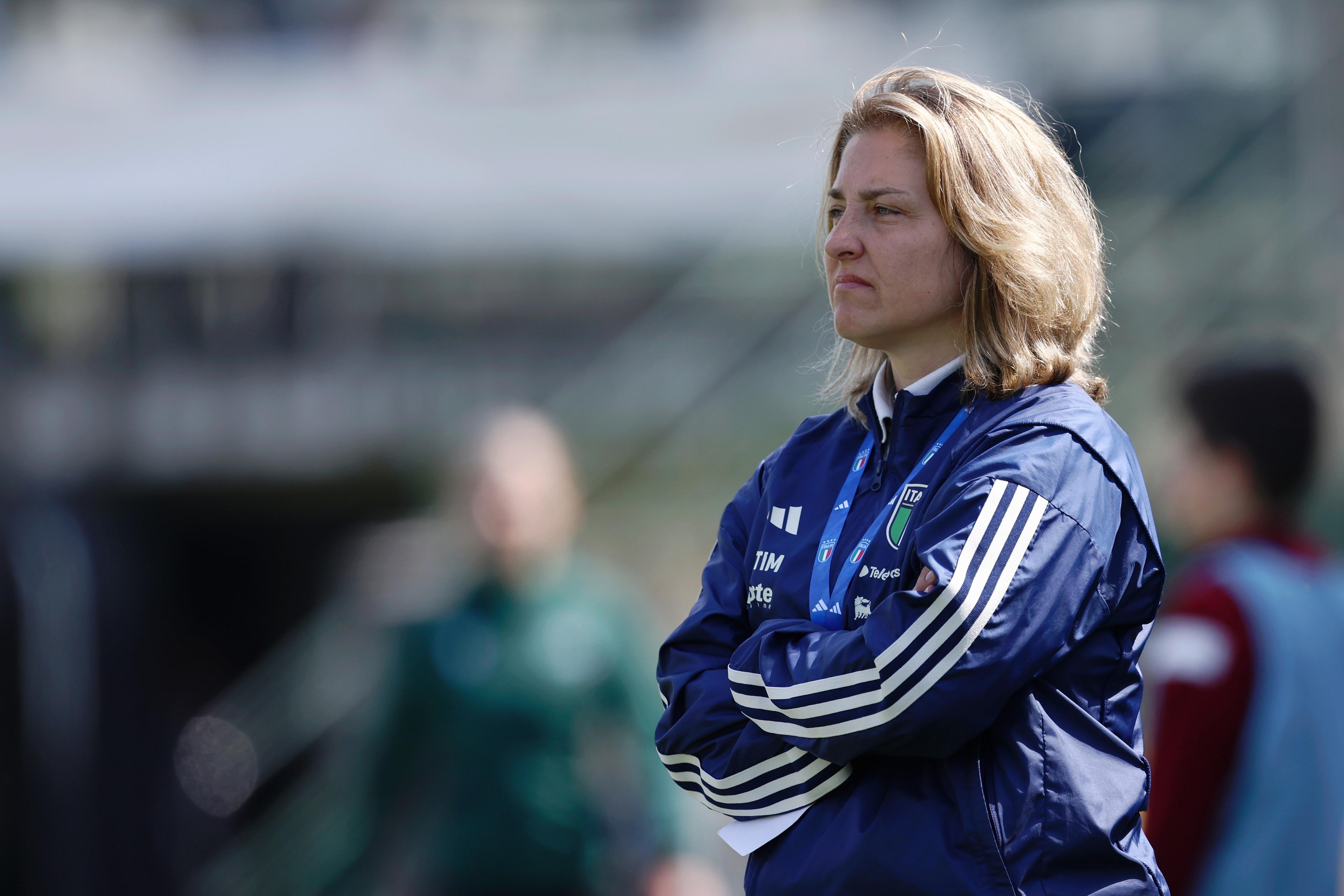 VERCELLI, ITALY - APRIL 11: Head Coach Selena Mazzantini of Italy looks on ahead of the UEFA Women's Under 19 Championship match between Italy U19 and Austria U19 on April 11, 2023 in Vercelli, Italy. (Photo by Francesco Scaccianoce/Getty Images)