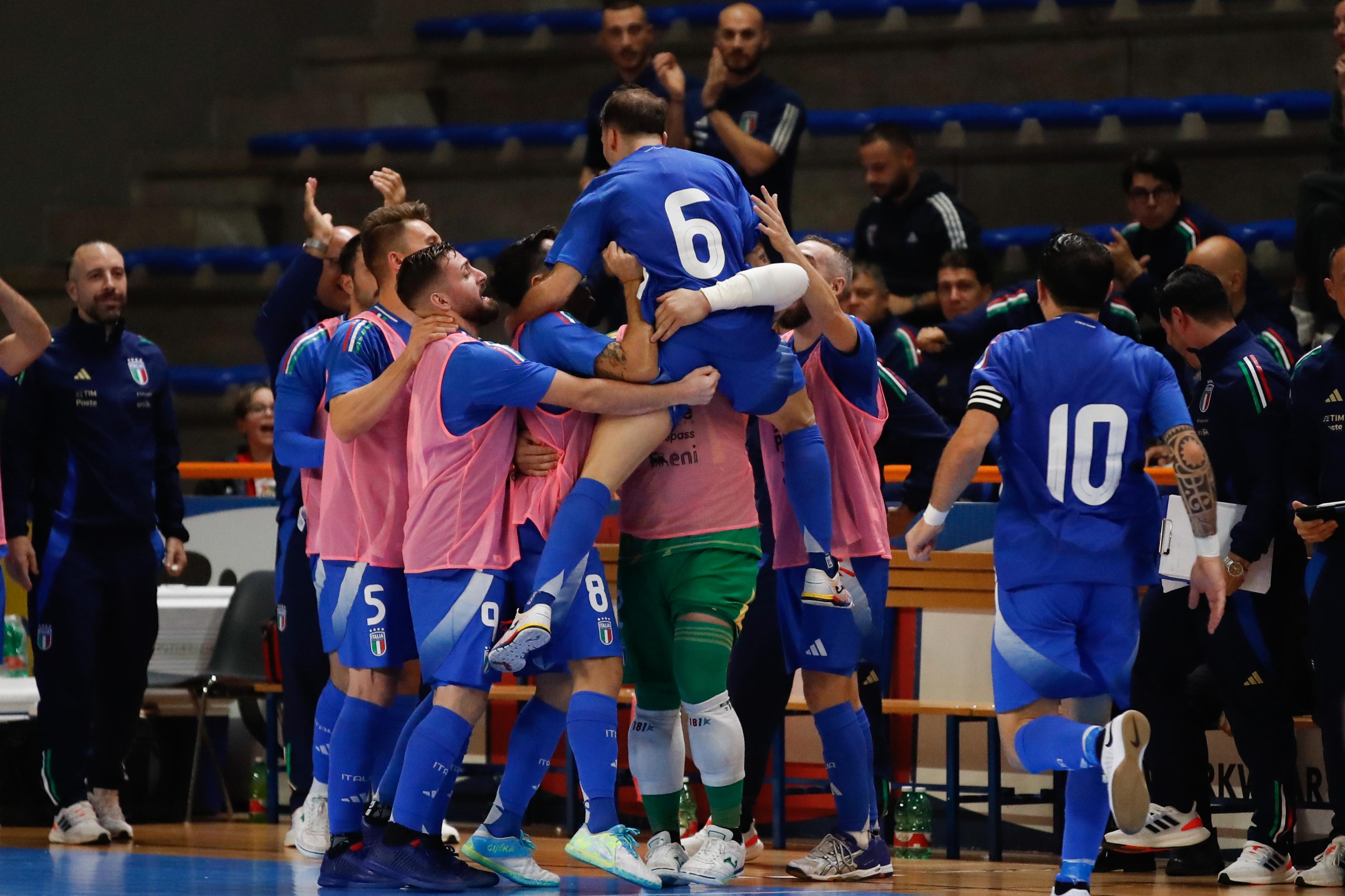 SAN BONIFACIO, ITALY - NOVEMBER 04: Giovanni Pulvirenti of Italy celebrates scoring a goal with teammates during the International Friendly between Italy and Norway at Pala Ferroli on November 04, 2024 in San Bonifacio, Italy. (Photo by FIGC/FIGC via Getty Images)