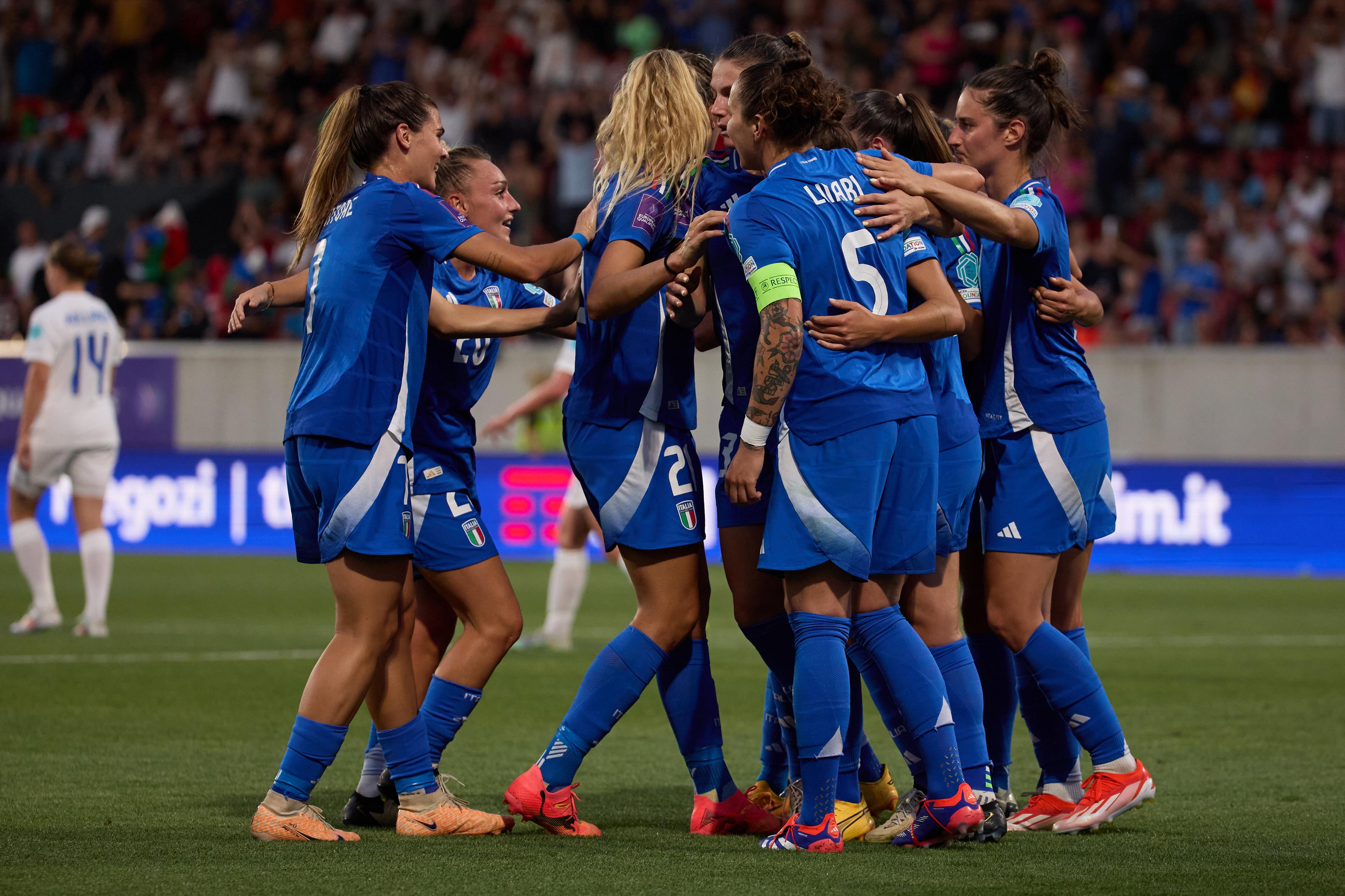 BOLZANO, ITALY - JULY 16: Valentina Bergamaschi of Italy celebrates during the Women\\'s EURO 2025 European Qualifiers match between Italy and Finland at Stadio Druso on July 16, 2024 in Bolzano, Italy. (Photo by Emmanuele Ciancaglini/Getty Images)