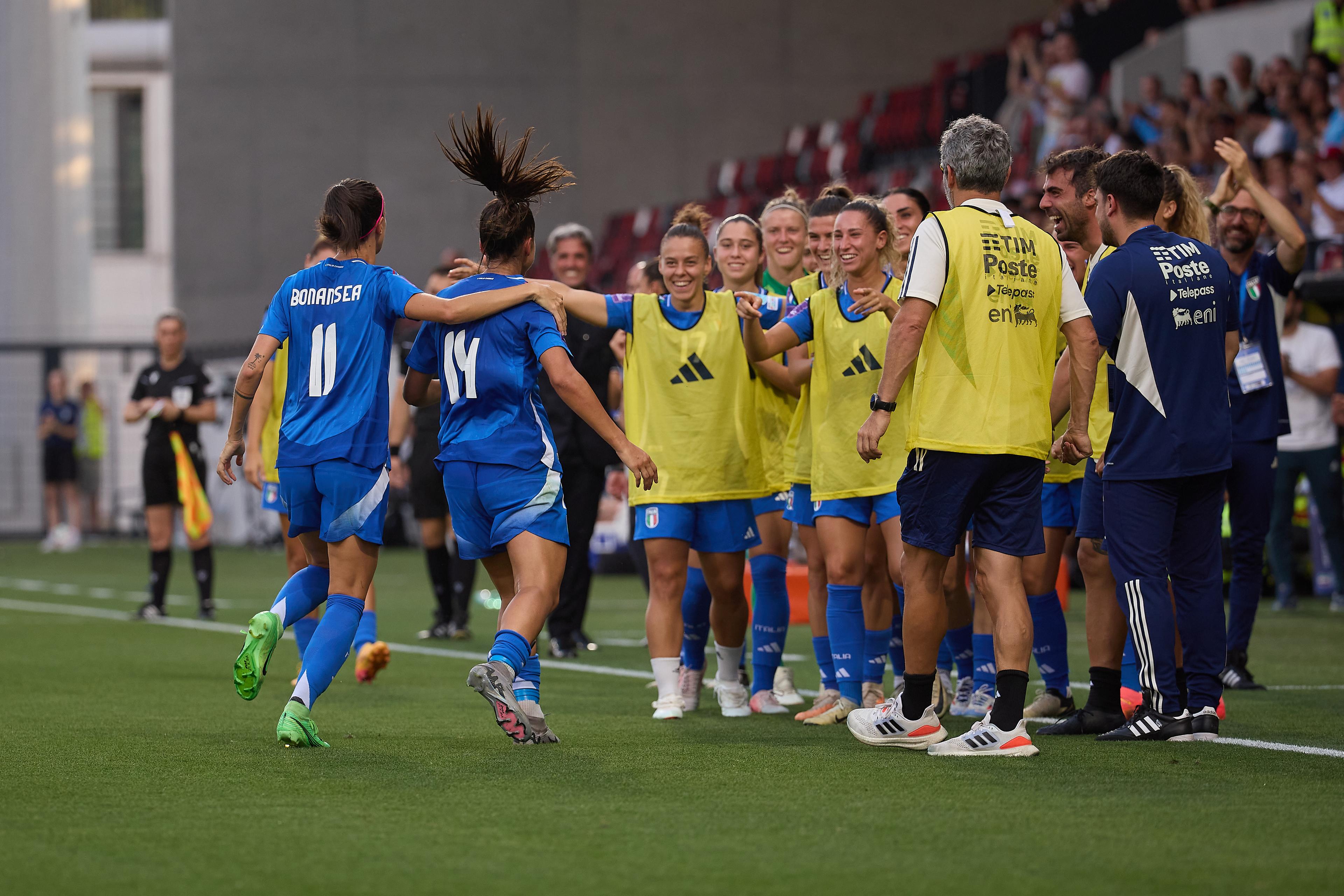 BOLZANO, ITALY - JULY 16: Chiara Beccari of Italy celebrates after scoring her team's first goal during the Women's EURO 2025 European Qualifiers match between Italy and Finland at Stadio Druso on July 16, 2024 in Bolzano, Italy. (Photo by Emmanuele Ciancaglini/Getty Images)