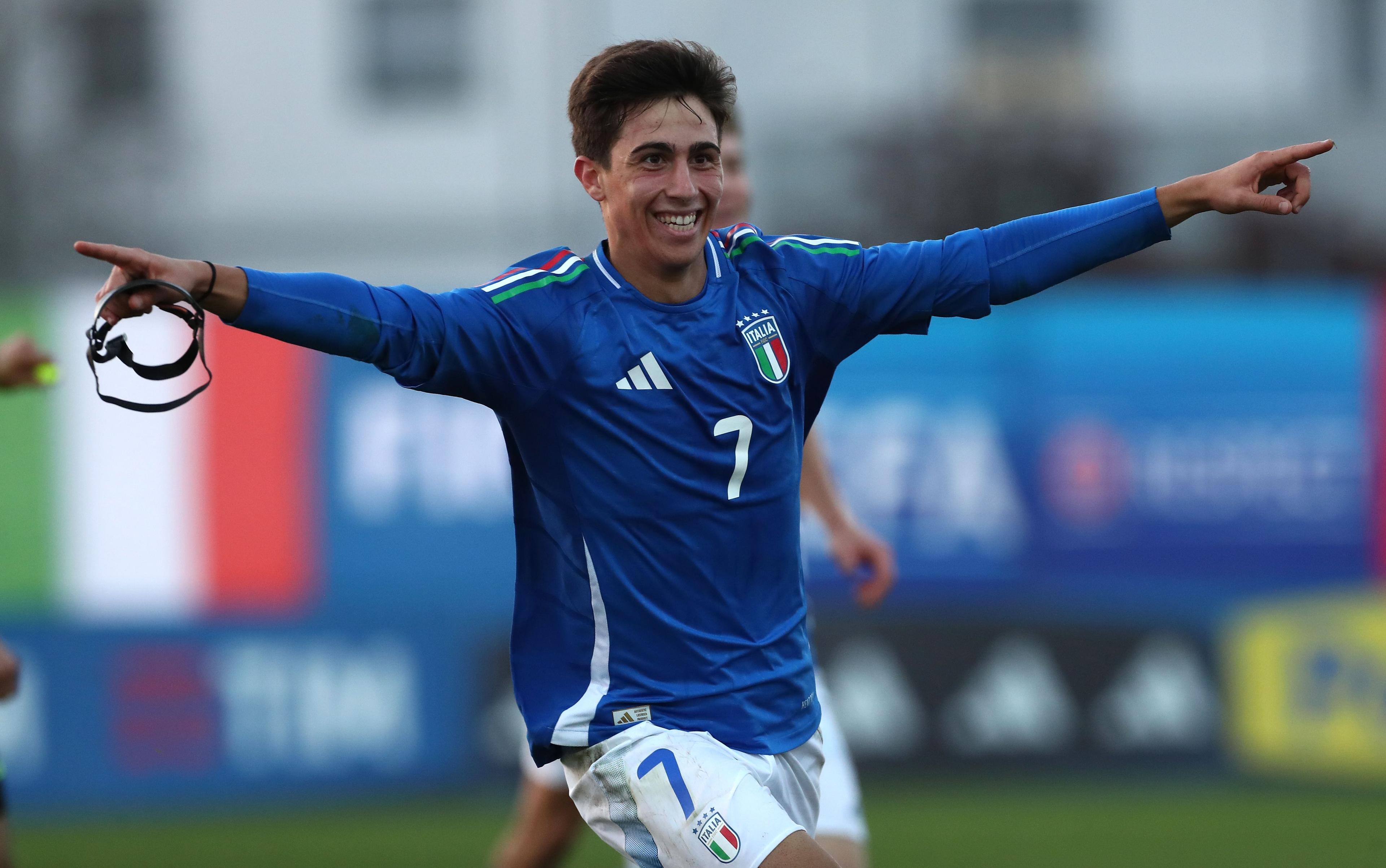 NOVARA, ITALY - NOVEMBER 14: Federico Coletta of Italy celebrates after scoring their team's second goal during the international friendly match between Italy U18 and Switzerland U18 at Novarello Training Center on November 14, 2024 in Novara, Italy. (Photo by Marco Luzzani FIGC/FIGC via Getty Images)