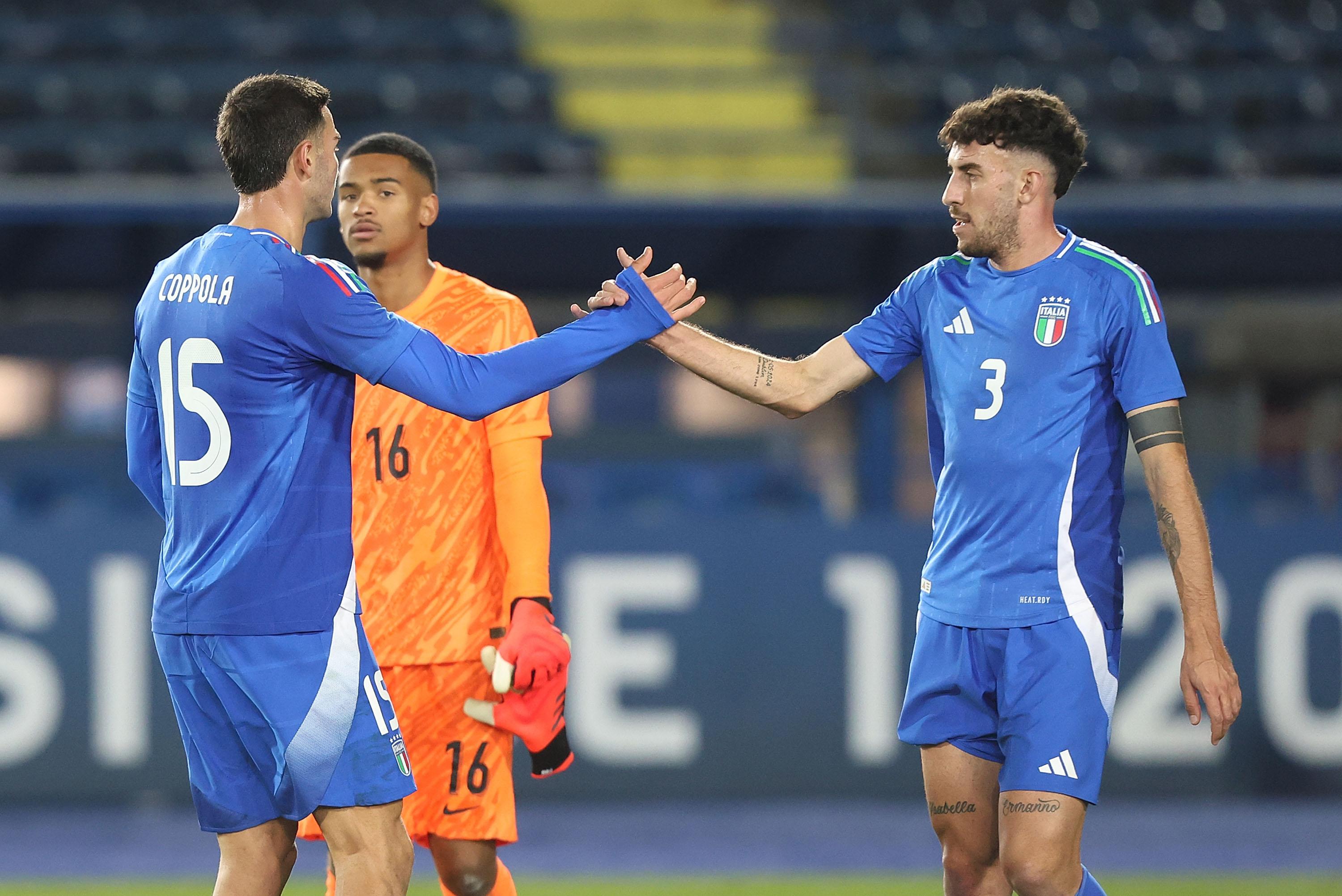 EMPOLI, ITALY - NOVEMBER 15: Diego Coppola and Matteo Ruggeri of Italy U21 reacts during the international friendly match between Italy U21 and France U21 at Stadio Carlo Castellani on November 15, 2024 in Empoli, Italy. (Photo by Gabriele Maltinti - FIGC/FIGC via Getty Images) *** Local Caption *** Diego Coppola; Matteo Ruggeri