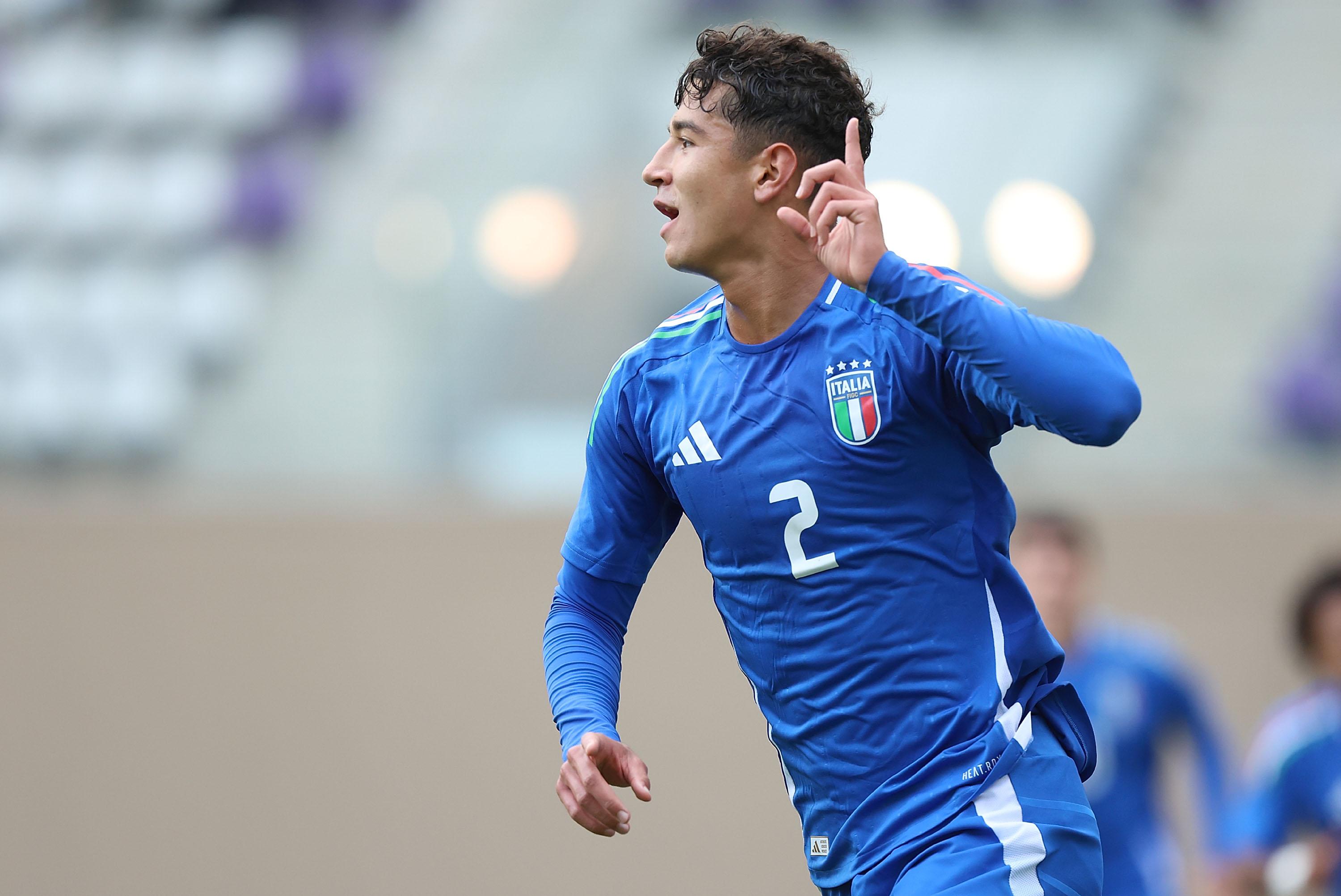 BAGNO A RIPOLI, ITALY - NOVEMBER 19: Adam Bakounde of Italy U20 celebrates after scoring a goal during the Elite League match between Italy U20 and Romania U20 at Viola Park on November 19, 2024 in Bagno a Ripoli, Italy. (Photo by Gabriele Maltinti - FIGC/FIGC via Getty Images) *** Local Caption *** Adam Bakounde