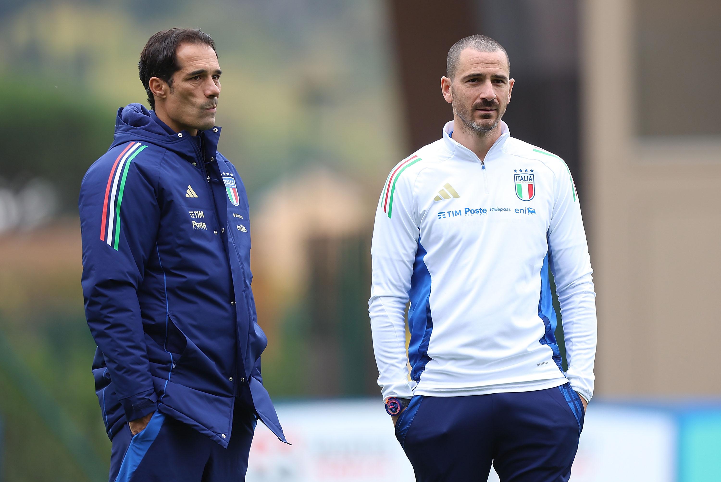 BAGNO A RIPOLI, ITALY - NOVEMBER 19: Bernardo Corradi manager of Italy U20 and Leonardo Bonucci (l) during the Elite League match between Italy U20 and Romania U20 at Viola Park on November 19, 2024 in Bagno a Ripoli, Italy. (Photo by Gabriele Maltinti - FIGC/FIGC via Getty Images) *** Local Caption *** Leonardo Bonucci; Bernardo Corradi